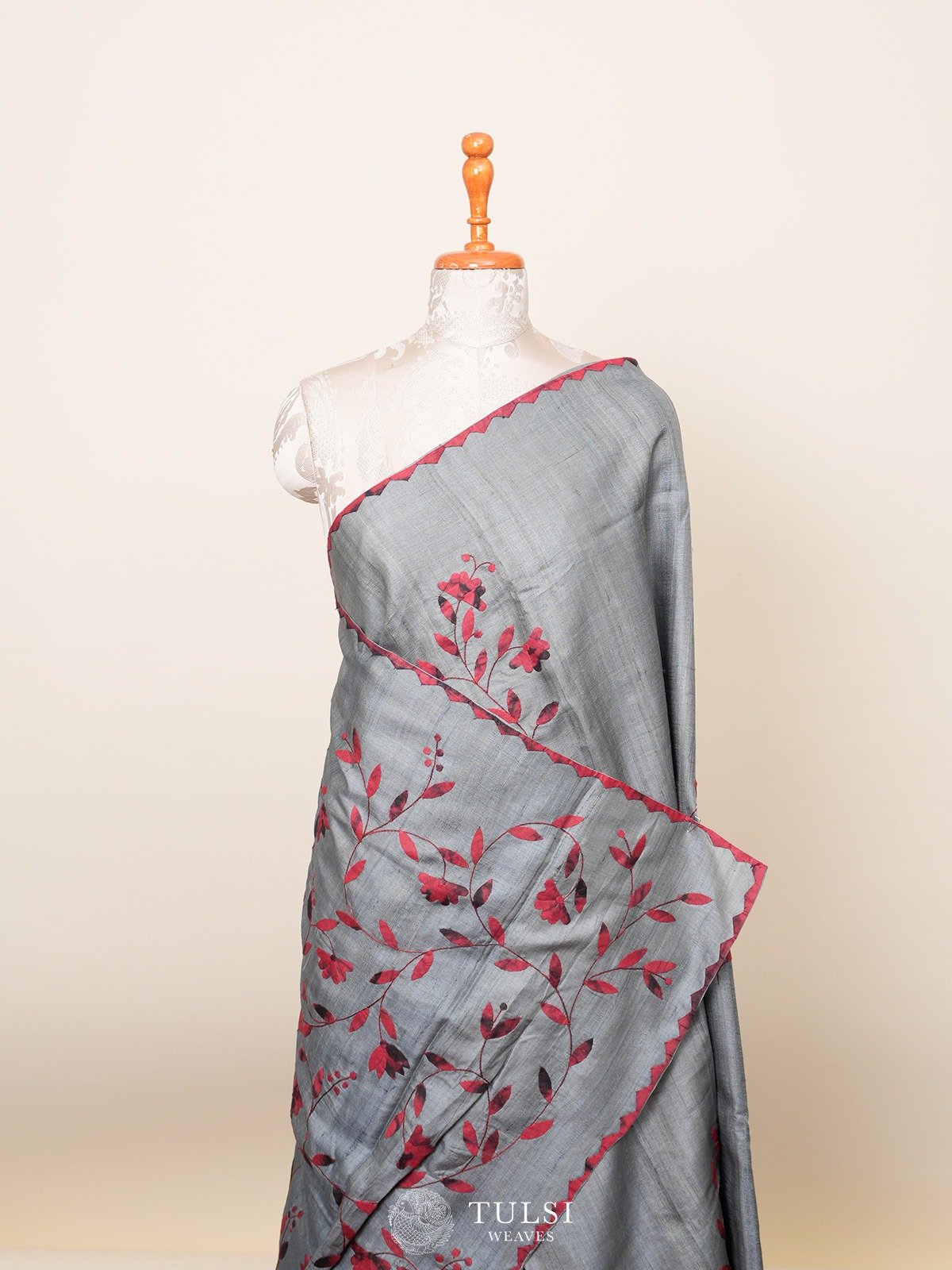 Grey Tussar Silk Saree with Applique Work