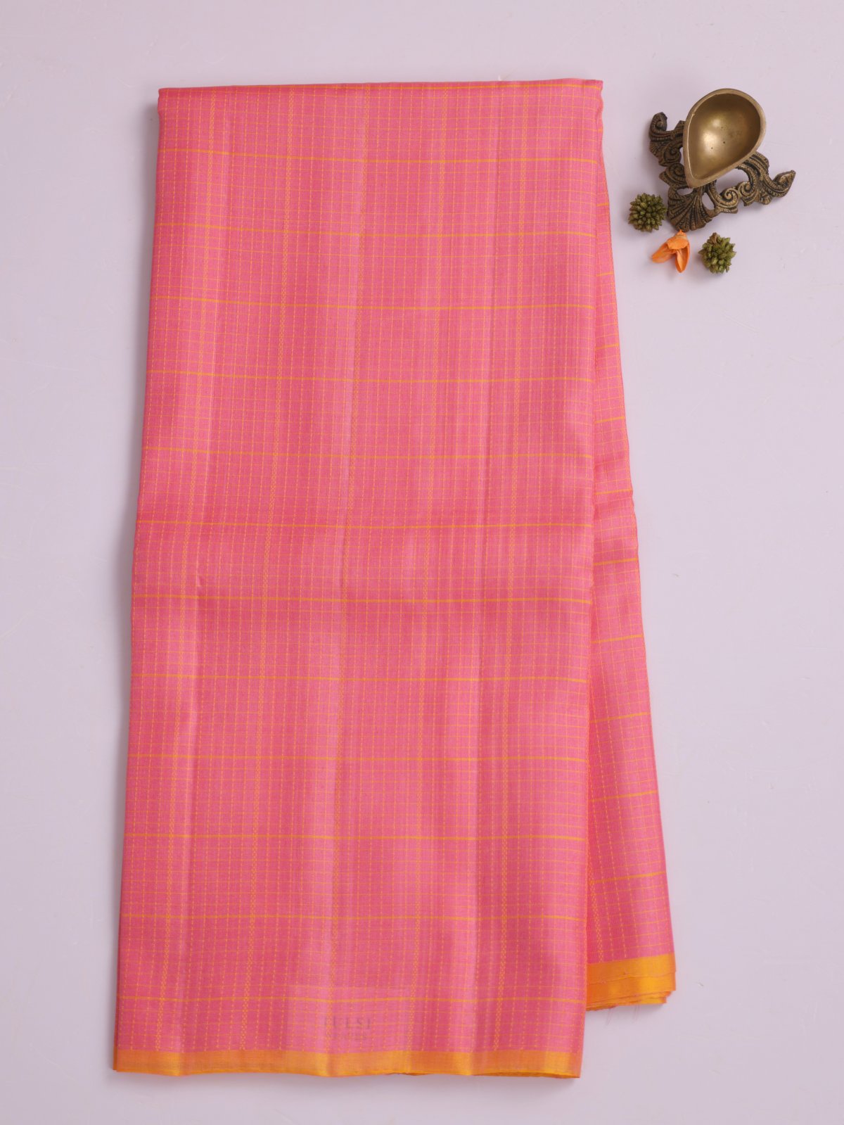 Peachy Pink Checked Soft Silk Tussar Saree