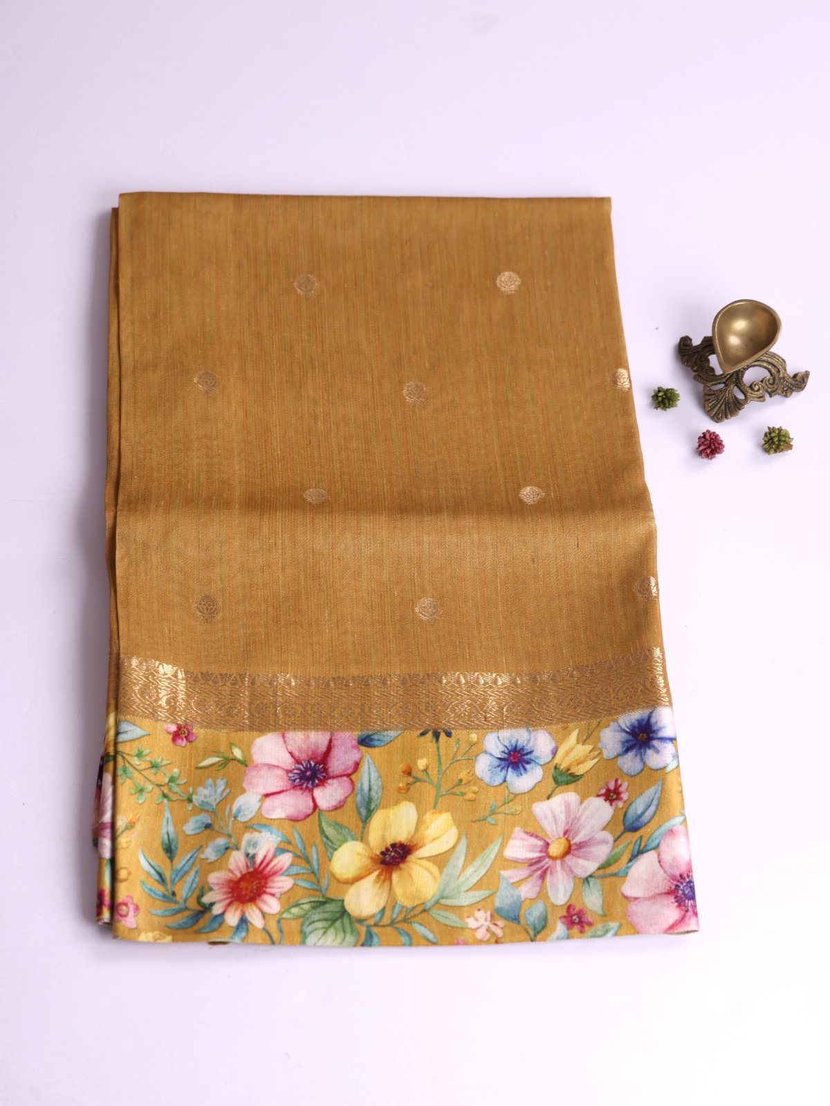 Dark Golden Brown Tussar Silk Saree With Printed Satin Border