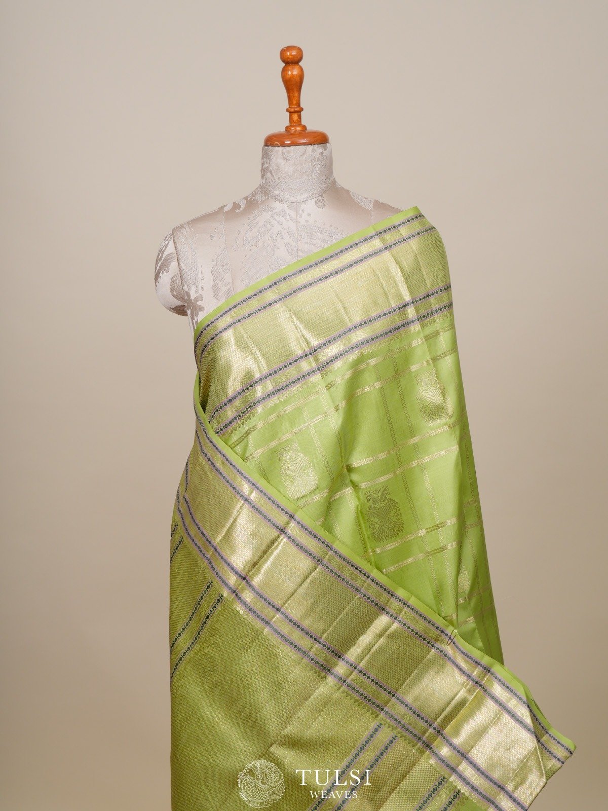 Yellow Green Checked Kanjeevaram Silk Saree