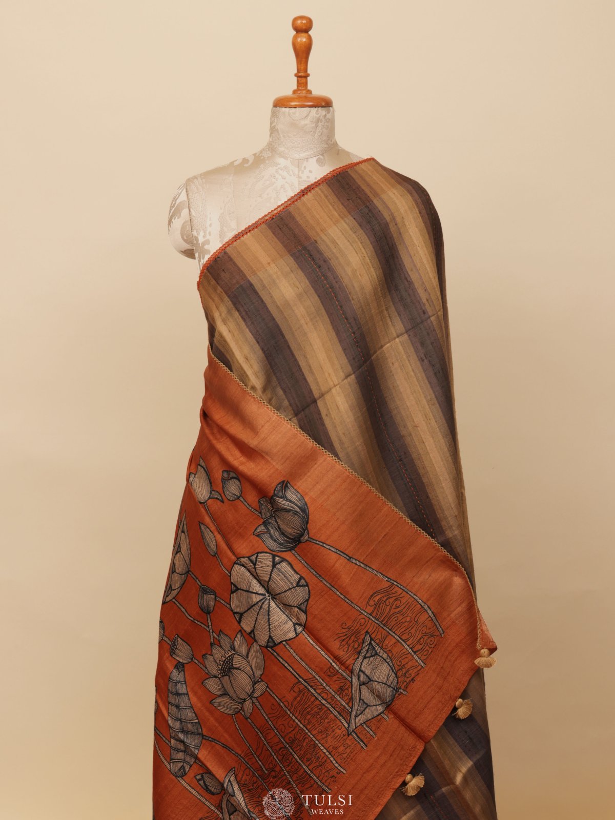 Multicolour Stripes Printed Tussar Silk Saree