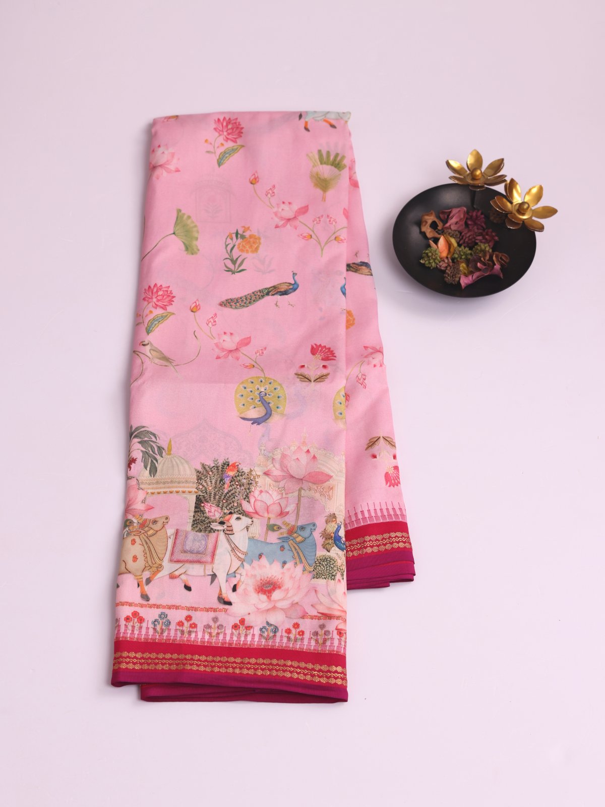 Light Pink Printed Kanjeevaram Silk Saree With Pink Border