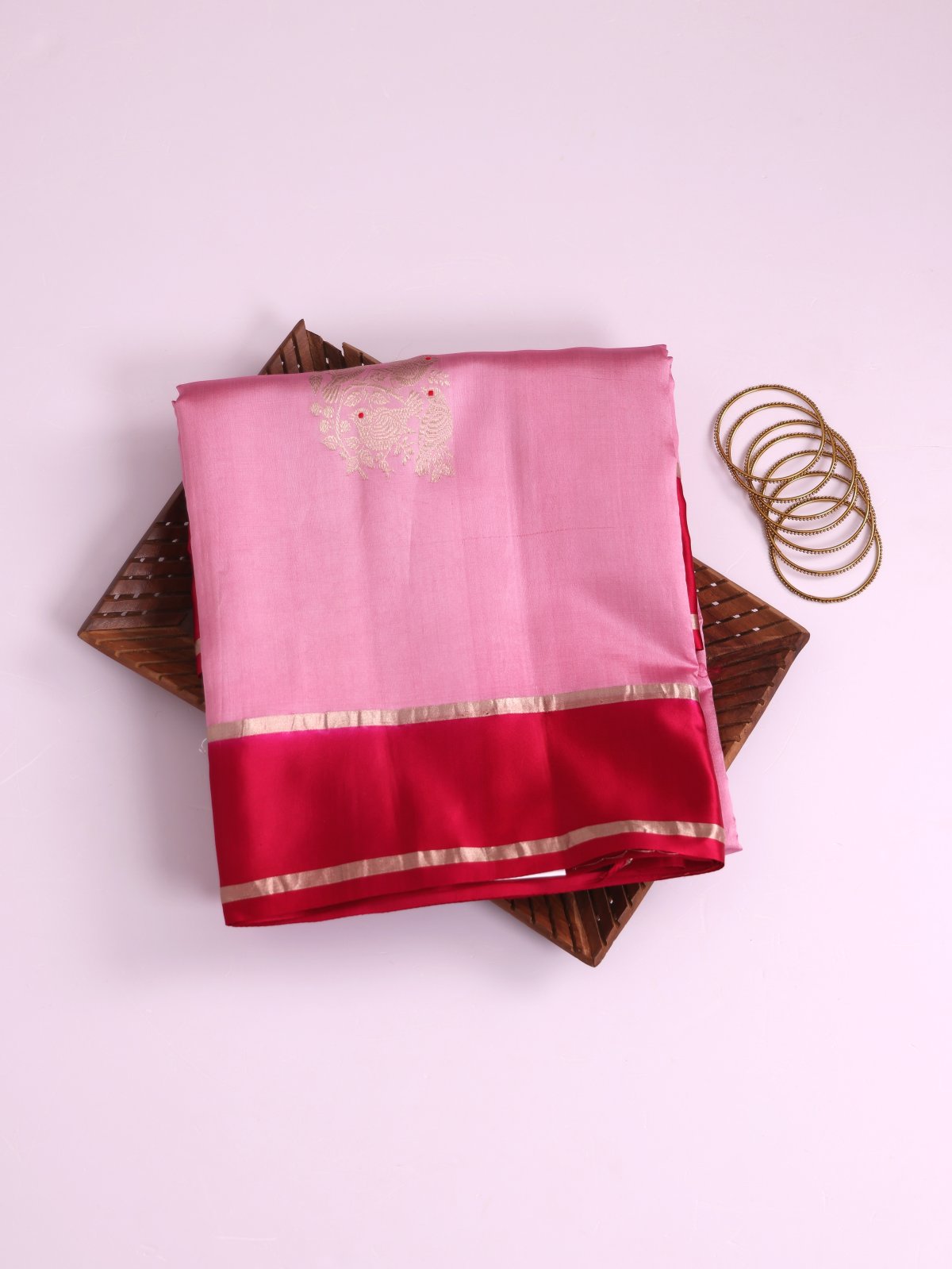 Light Pink Mashru Silk Saree With Reddish Pink Satin Border