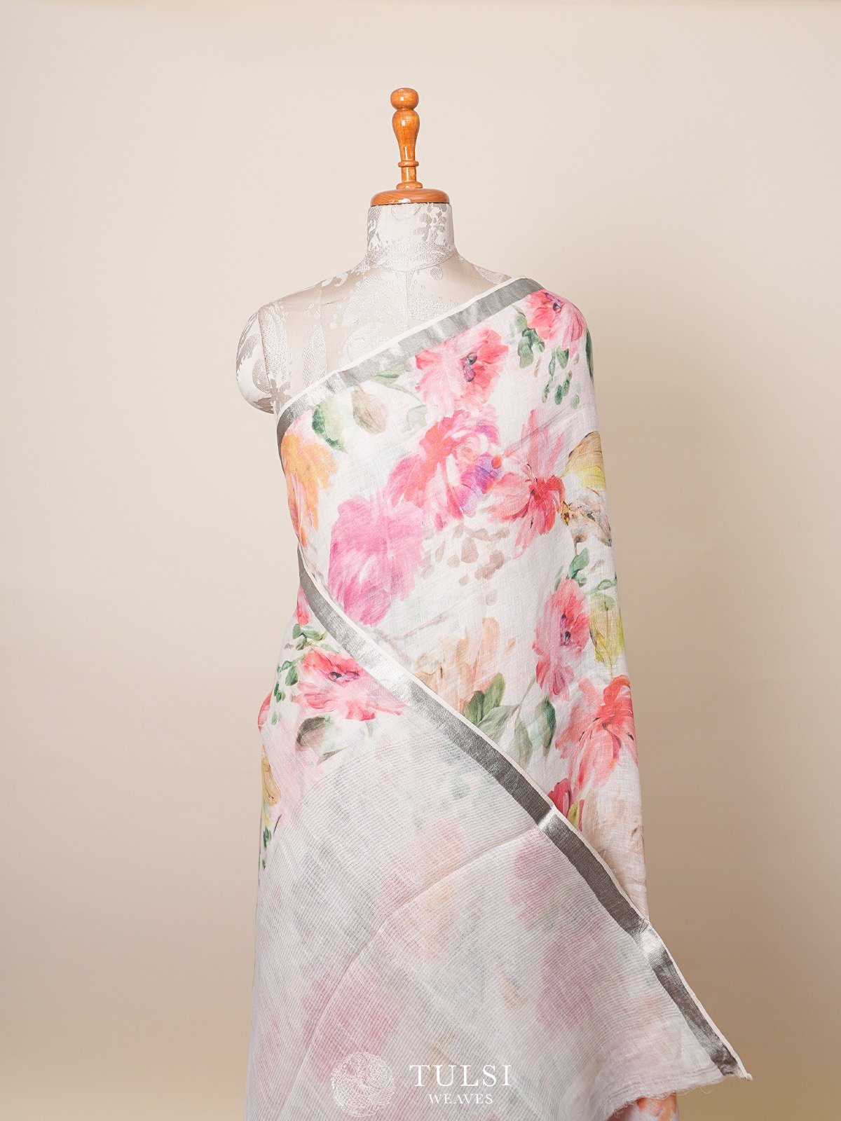 Off-White Printed Linen Saree