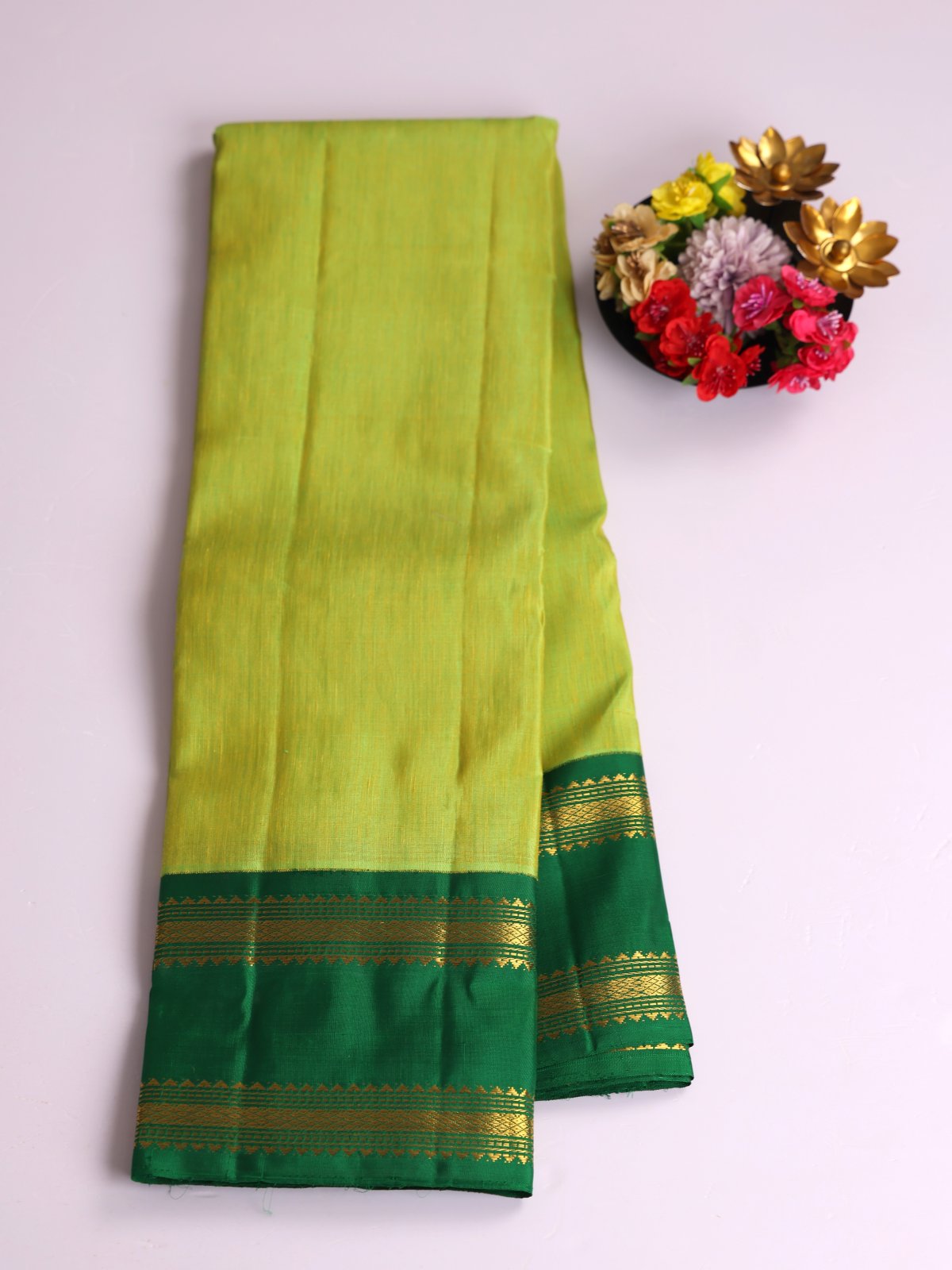 Parrot Green Kanjeevaram Linen Saree With Bottle Green Border