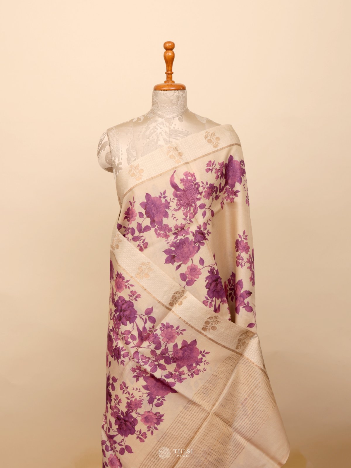 Cream Printed Tussar Silk Saree