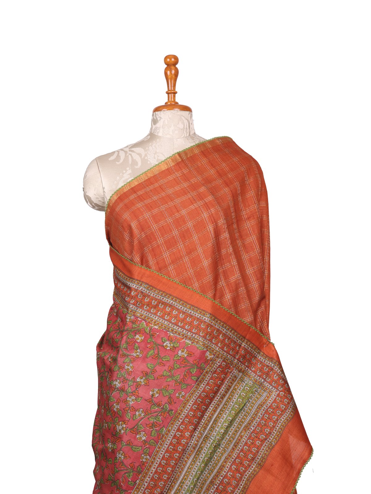 Rust Orange Zari Checked Tussar Silk Saree With Kalamkari Blouse