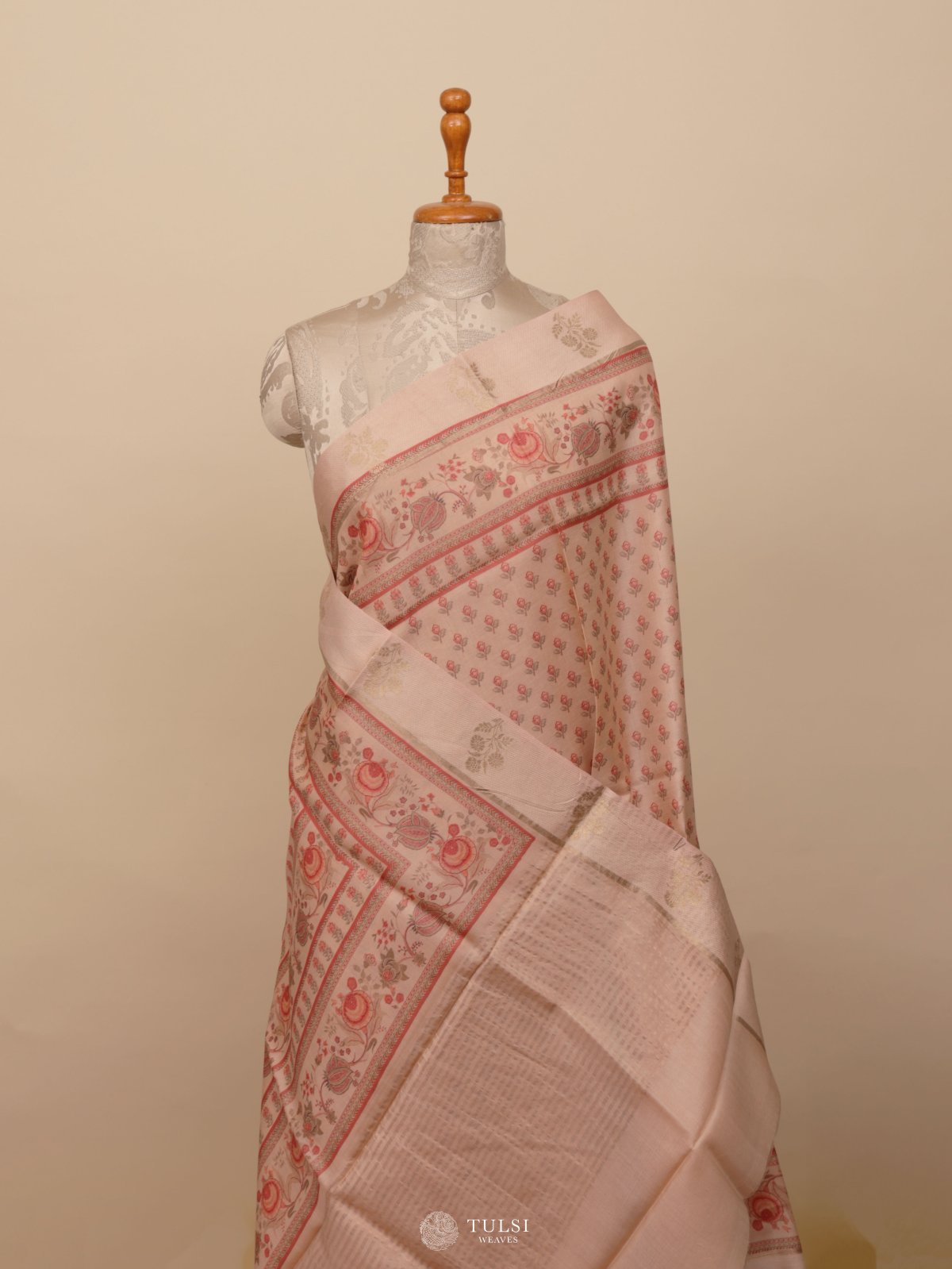 Beige Printed Tussar Silk Saree