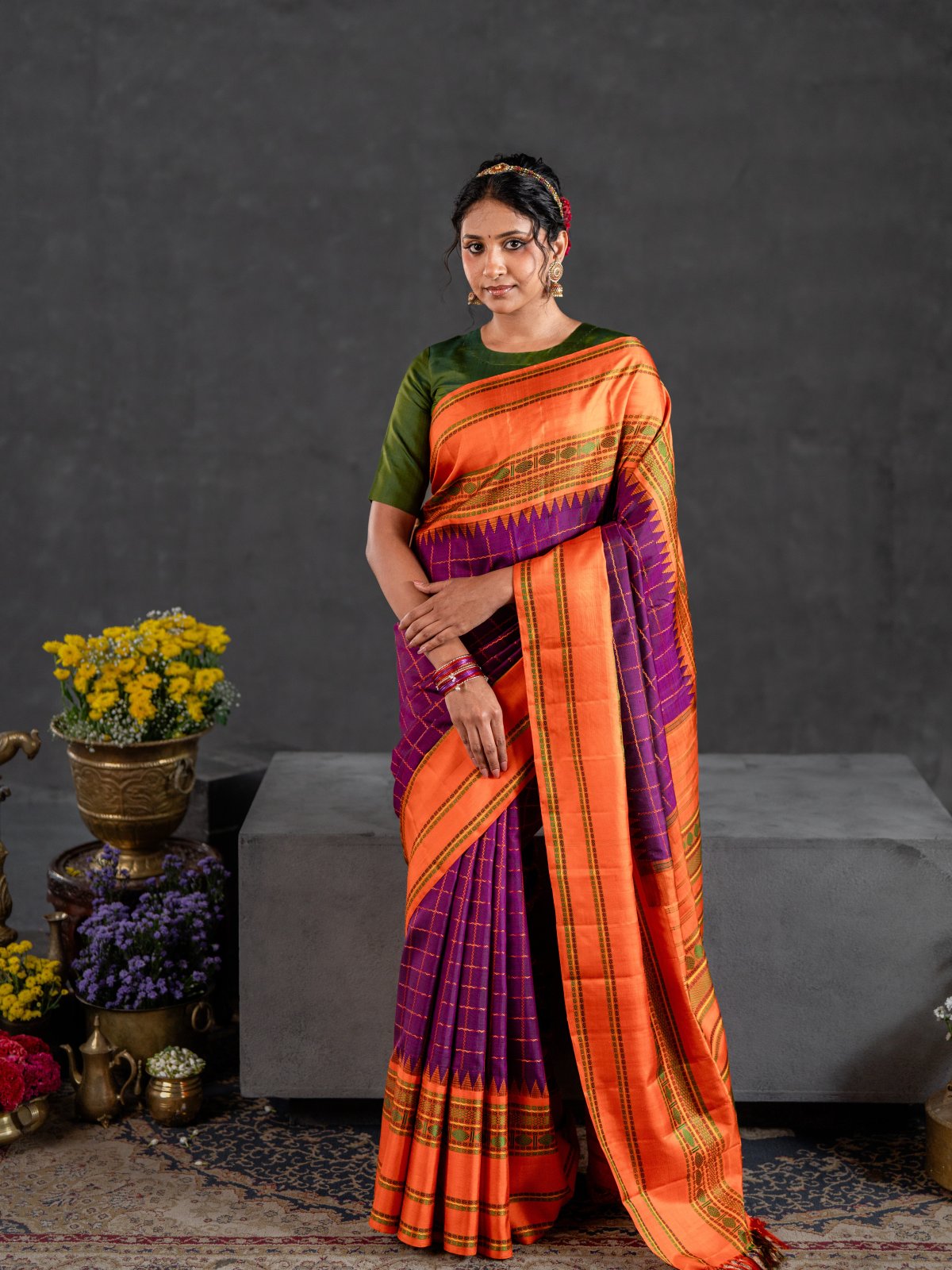 Crafted 43 - Purple Checked Kanjeevaram Silk Saree With Rust Pattupettu Border