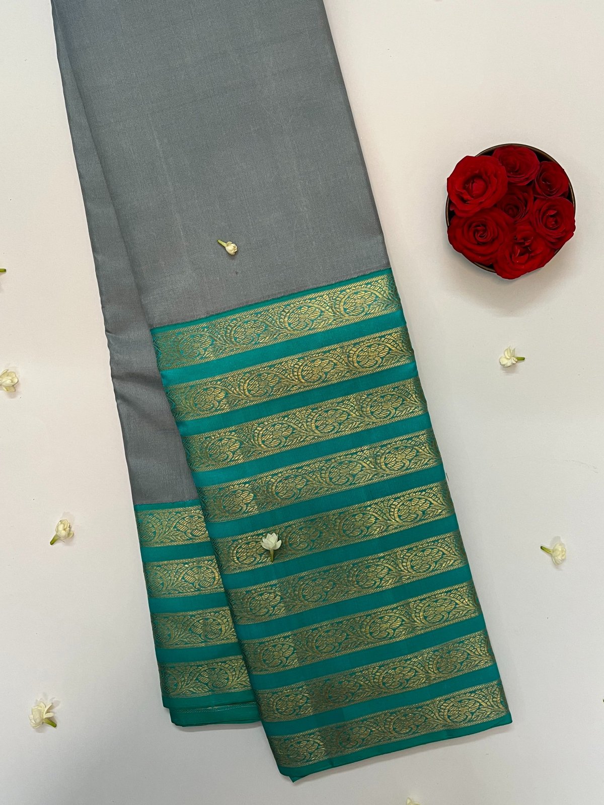 Grey Kanjeevaram Silk Saree With Bluish-Green Border