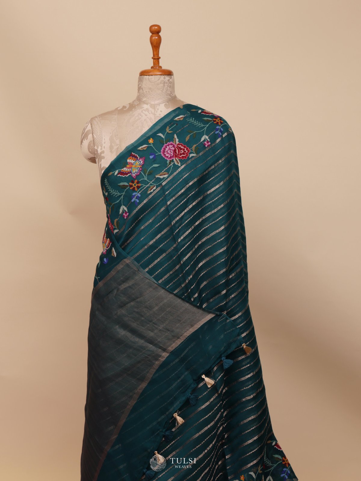 Peacock Green Organza Embroidery Saree