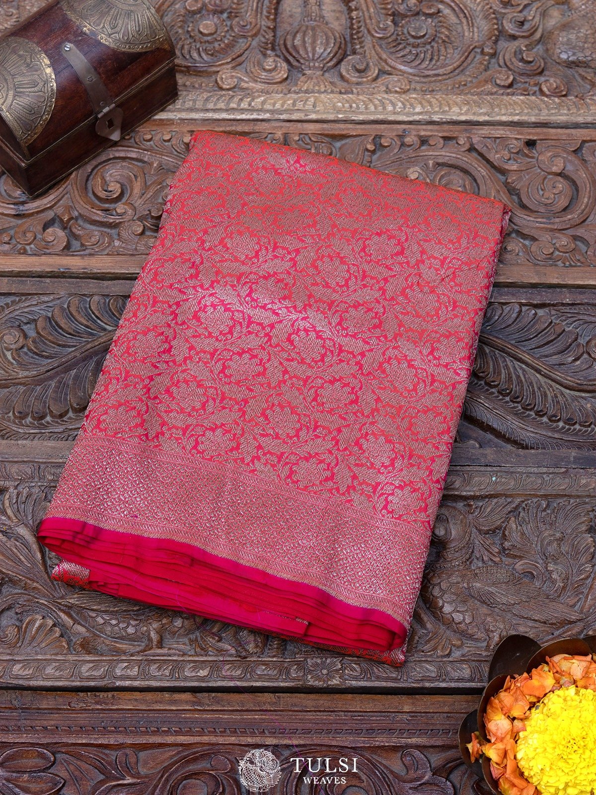 Pink-Orange Banarasi Silk Saree with Self Zari Border