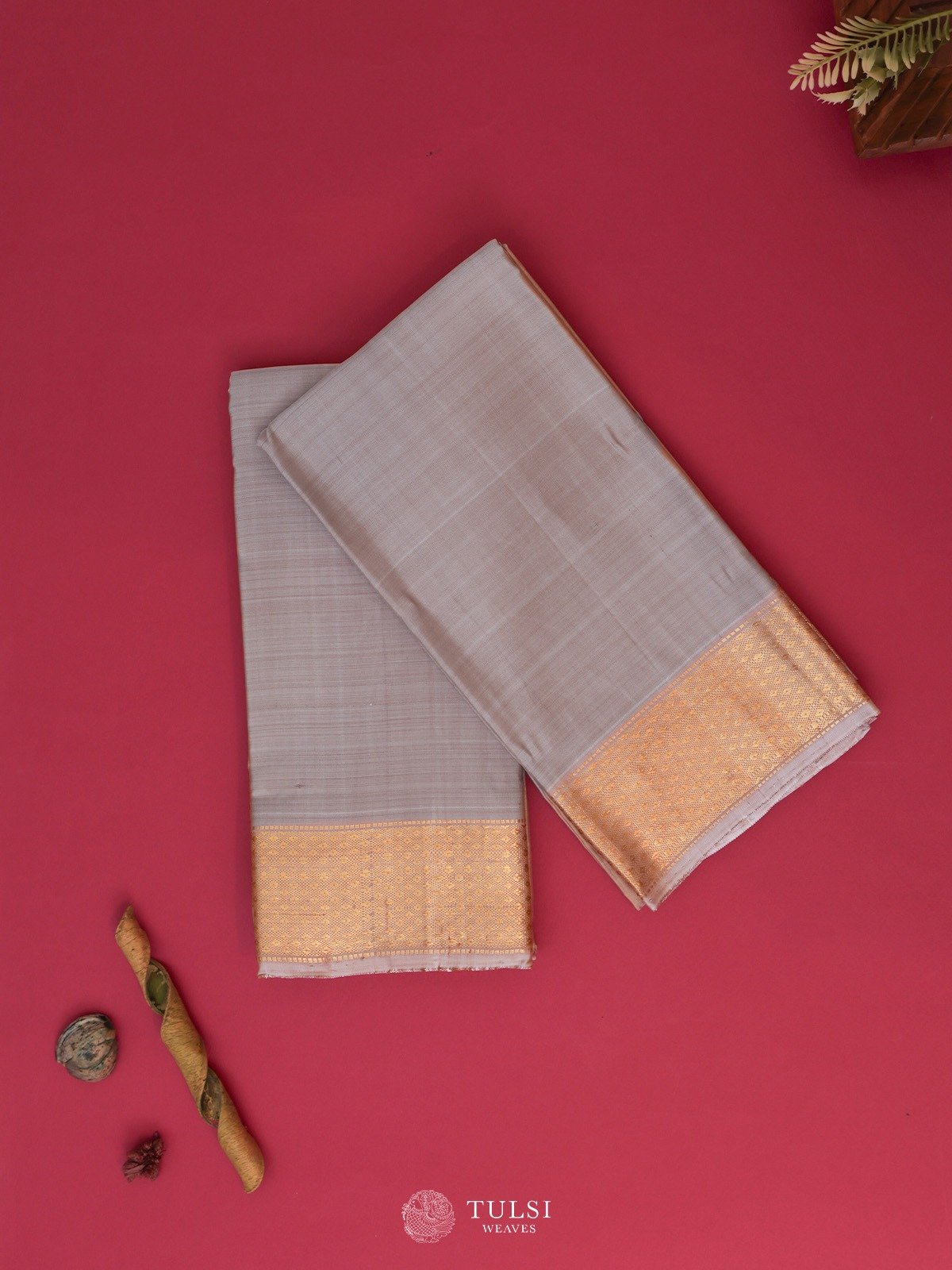 Grey Silk Dhoti and Vasthram With Gold Self Zari Border