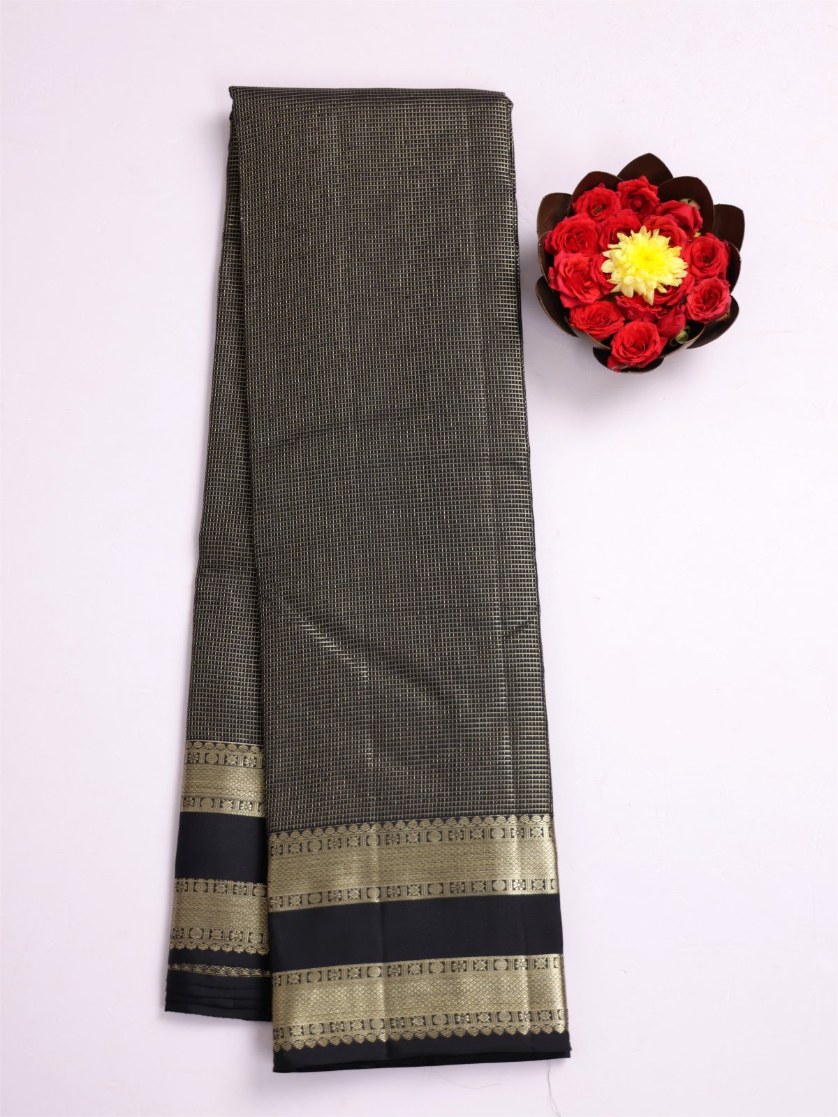 Black Zari Checked Kanjeevaram Silk Saree With Zari Border