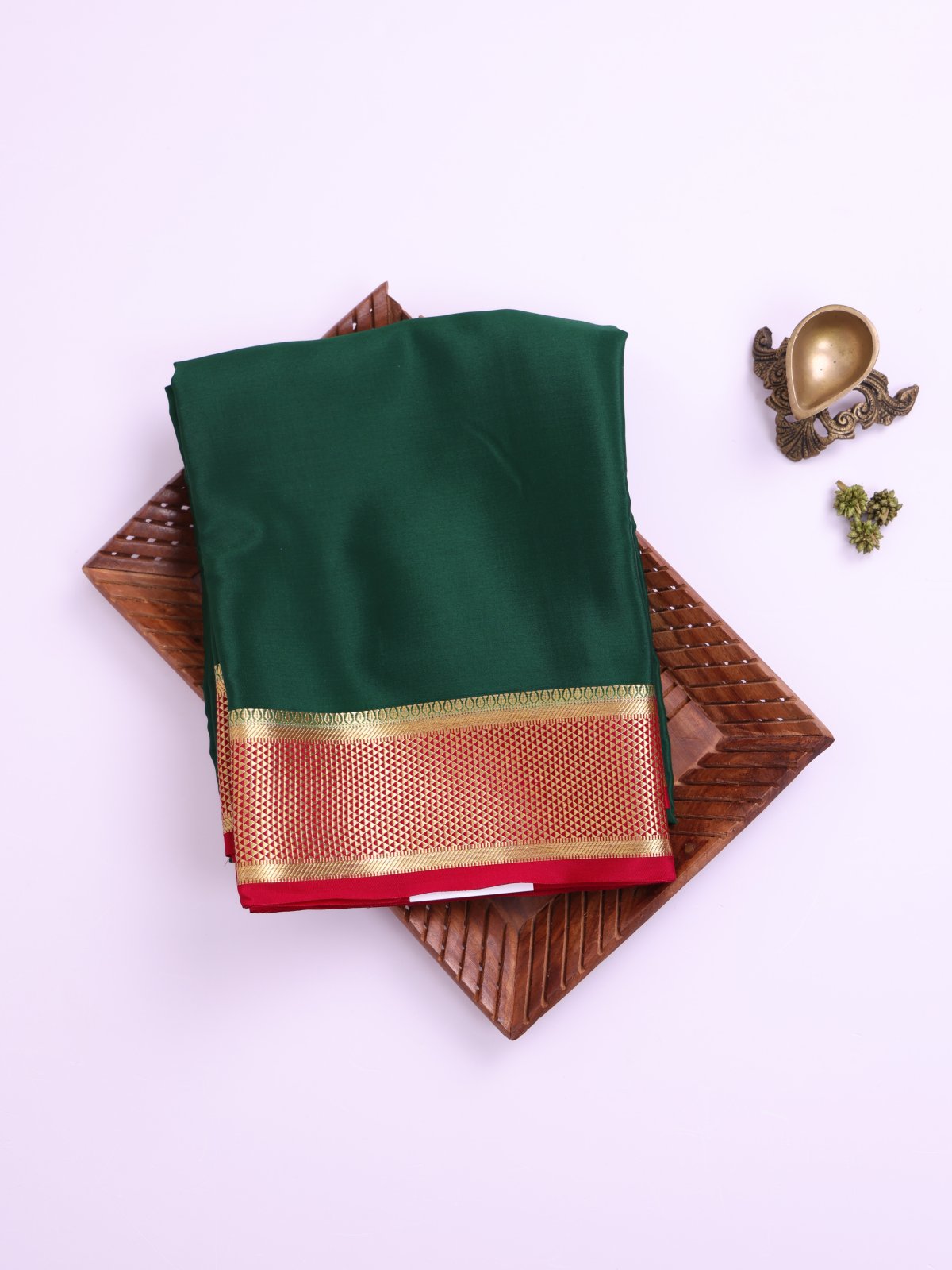 Bottle Green Mysore Silk Saree with Reddish Pink Zari Border