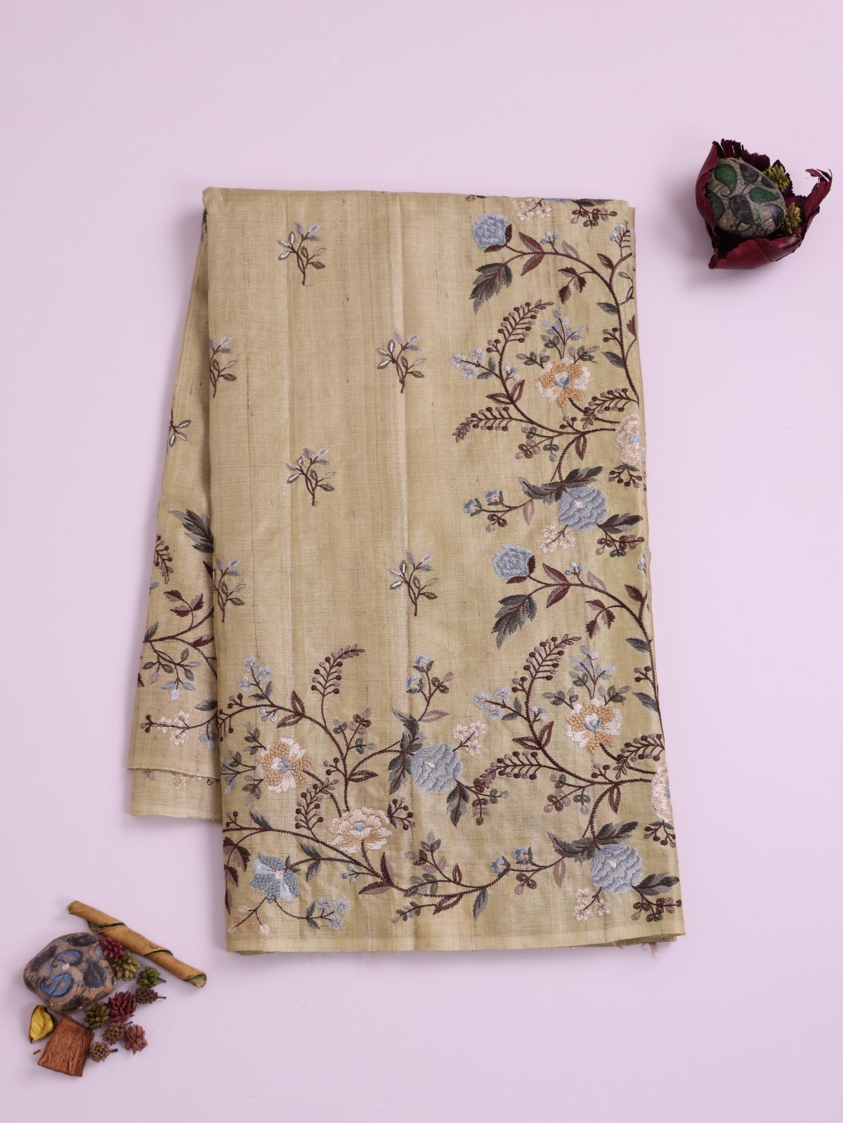 Sage Green Embroidered Tussar Silk Saree