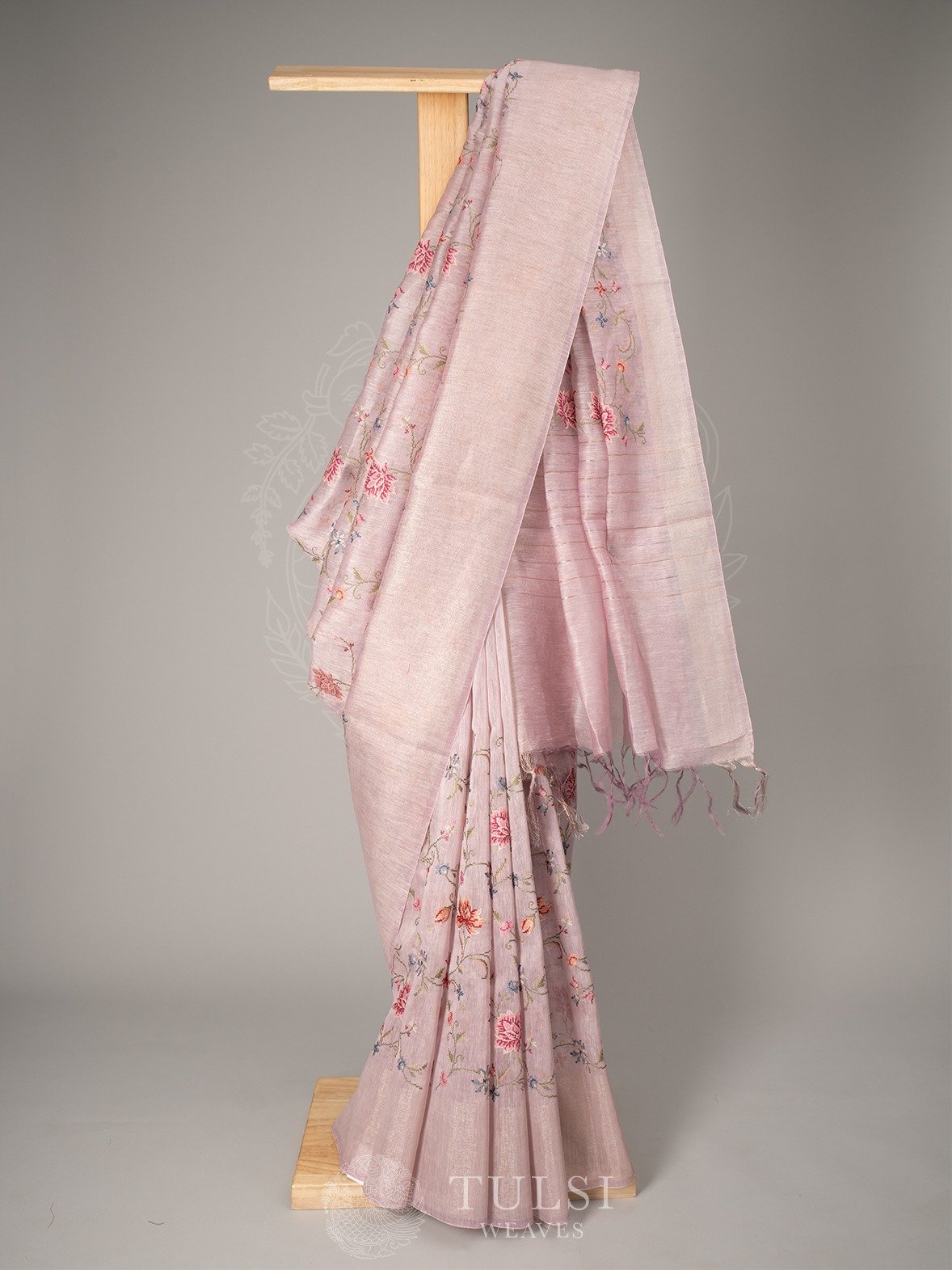 Light Lavender Linen Saree With Embroidery