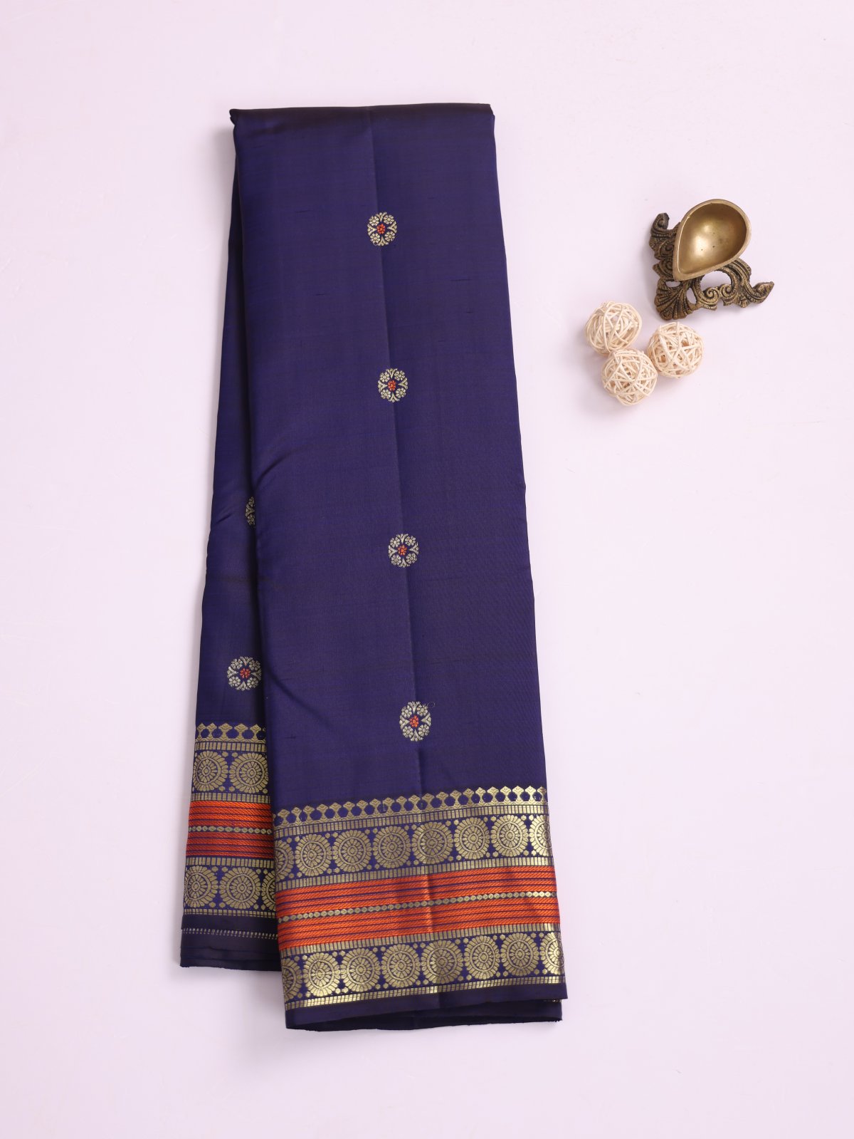 Dark Navy Blue Kanjeevaram Silk Saree With Zari Border