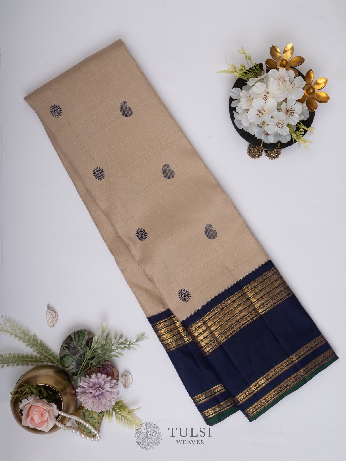 Beige Kanchipuram Silk Saree with Navy blue border