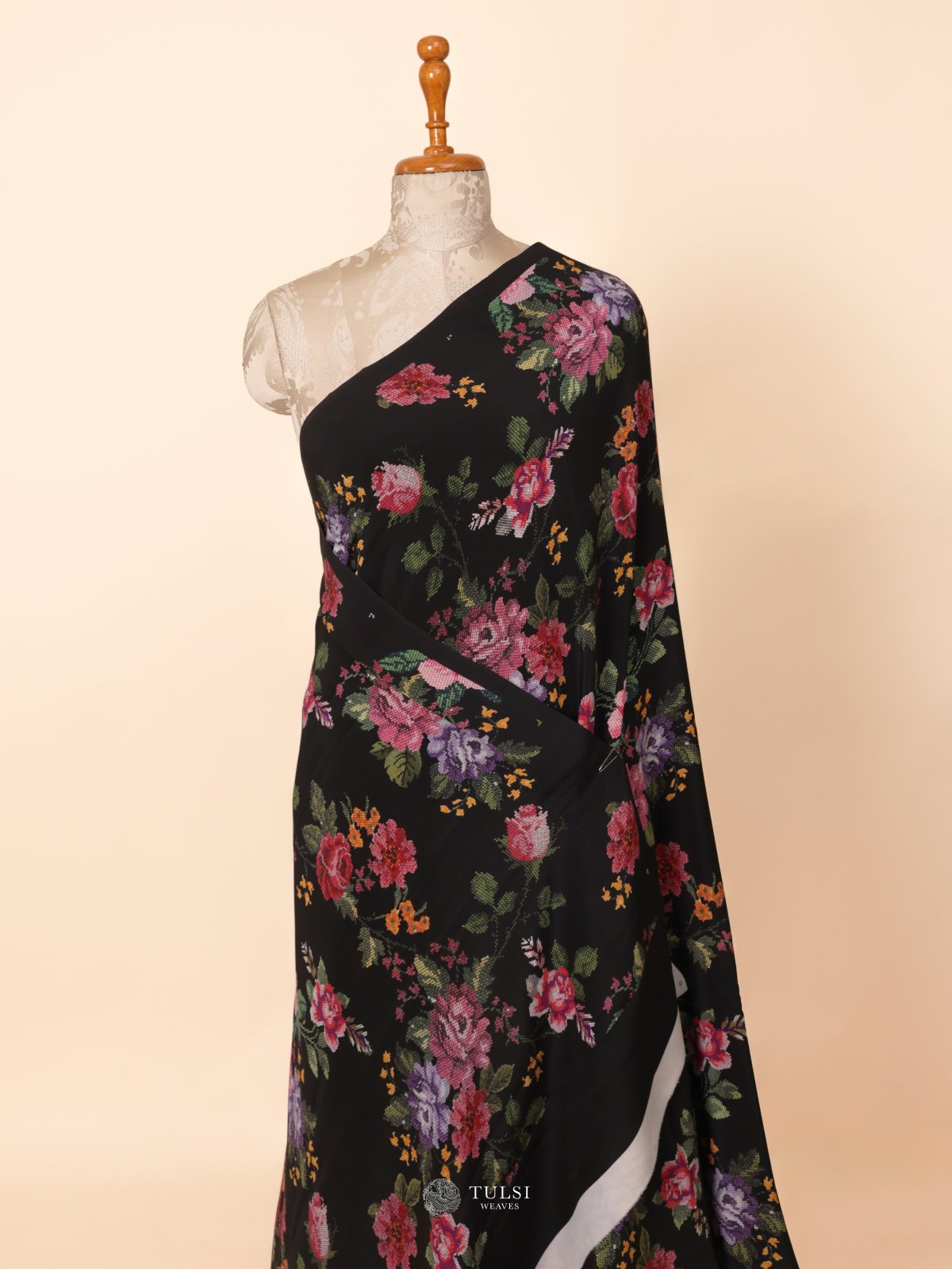 Black Floral Printed Crepe Silk Saree