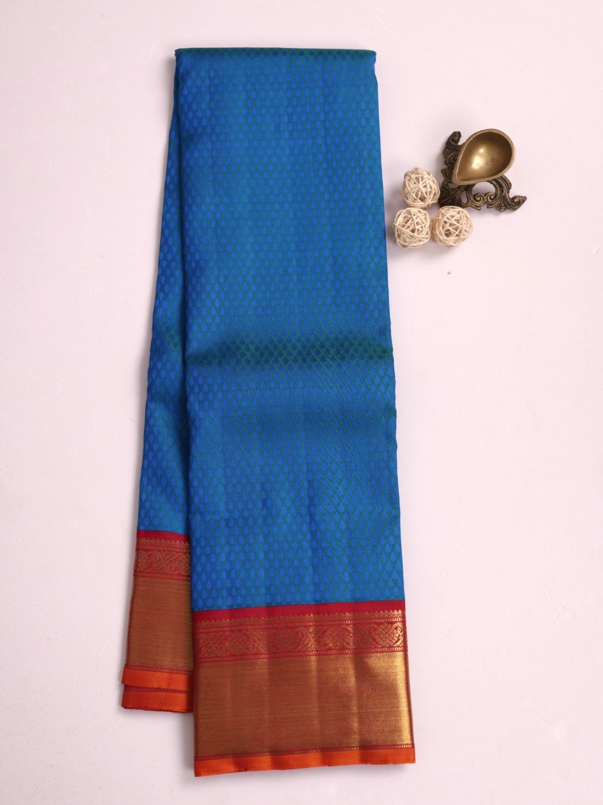 Blue Green Kanjeevaram Silk Saree With Red Zari Border