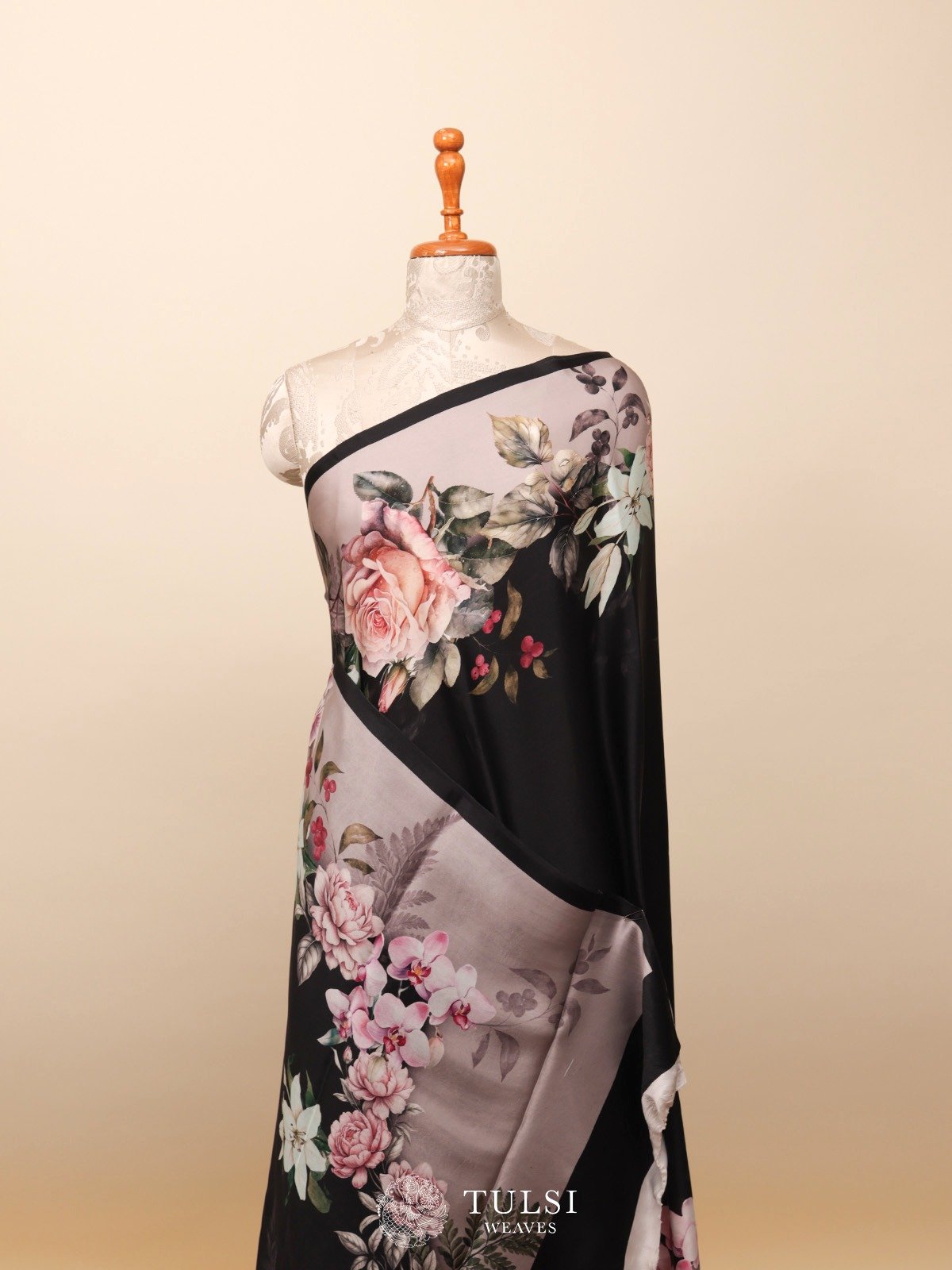 Black Satin Crepe Silk Saree With Floral Prints