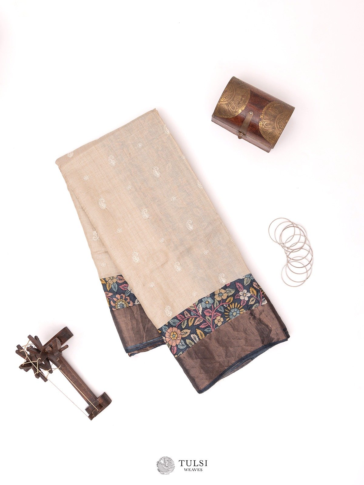 Almond Tussar Silk Saree With kalamkari Border