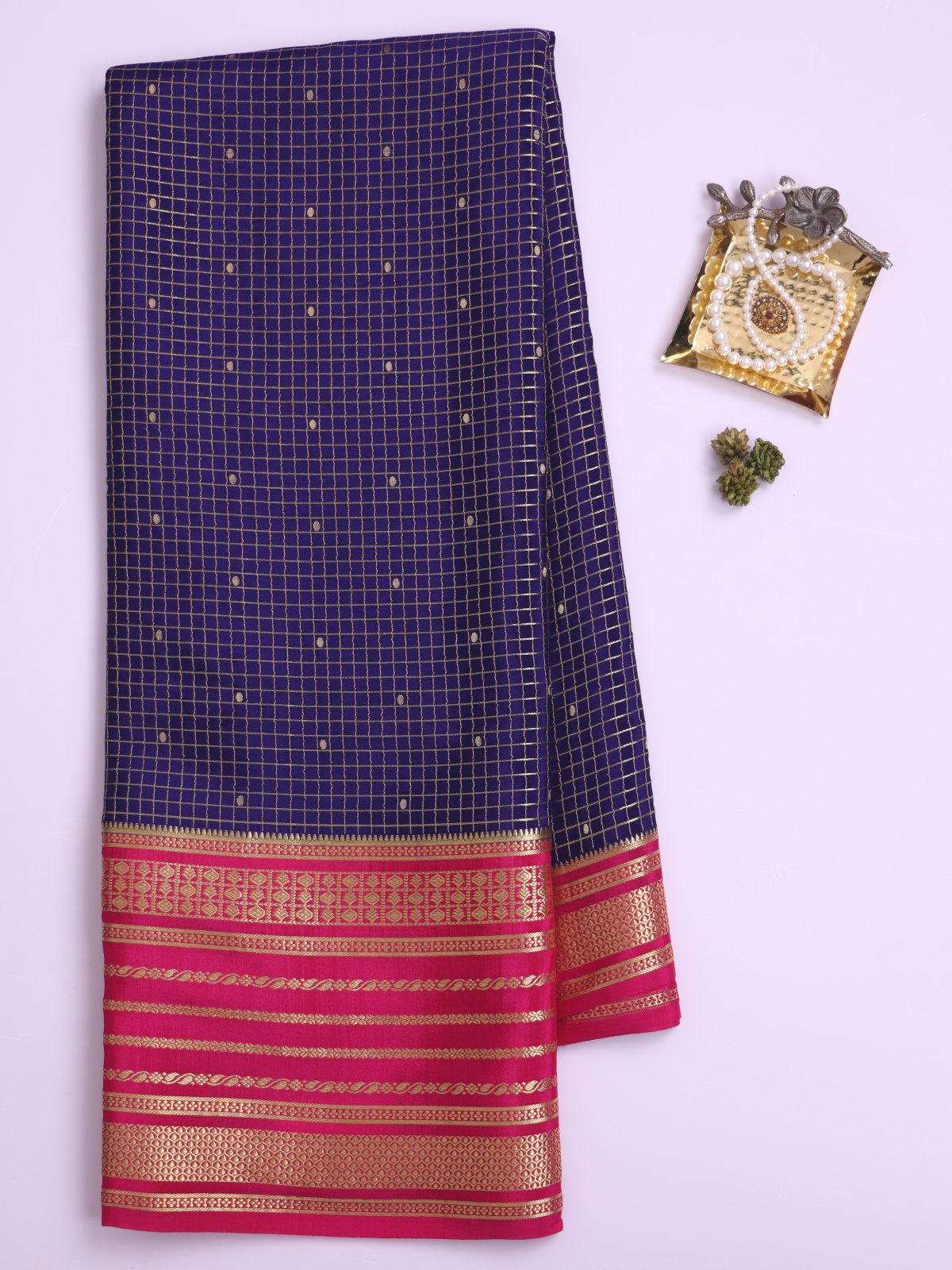 Dark Blue Zari Checked Mysore Silk Saree With Rani Pink Border