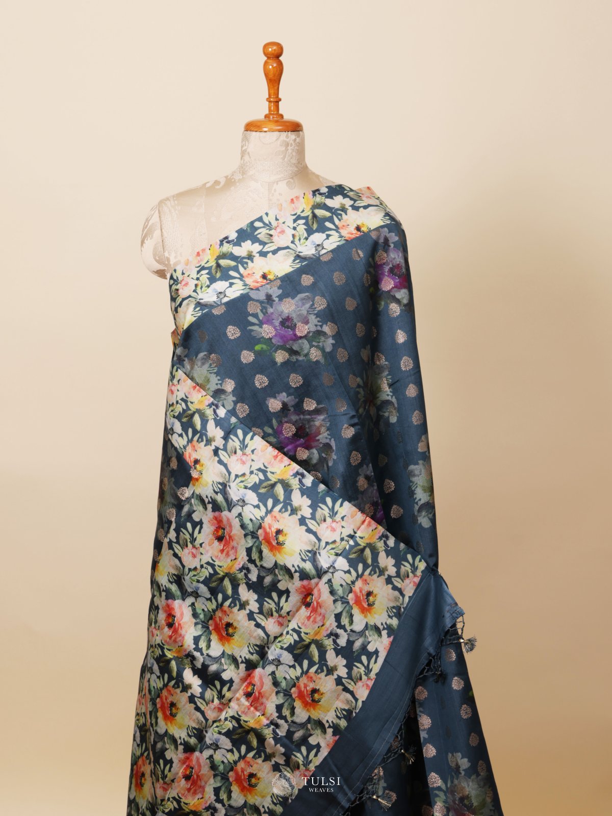 Navy Blue Printed Chaniya Silk Saree