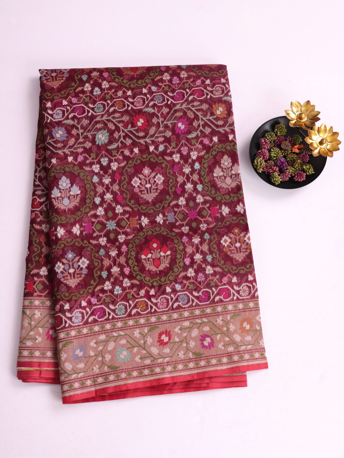 Burgundy Kora Banaras Silk Saree With Zari Border