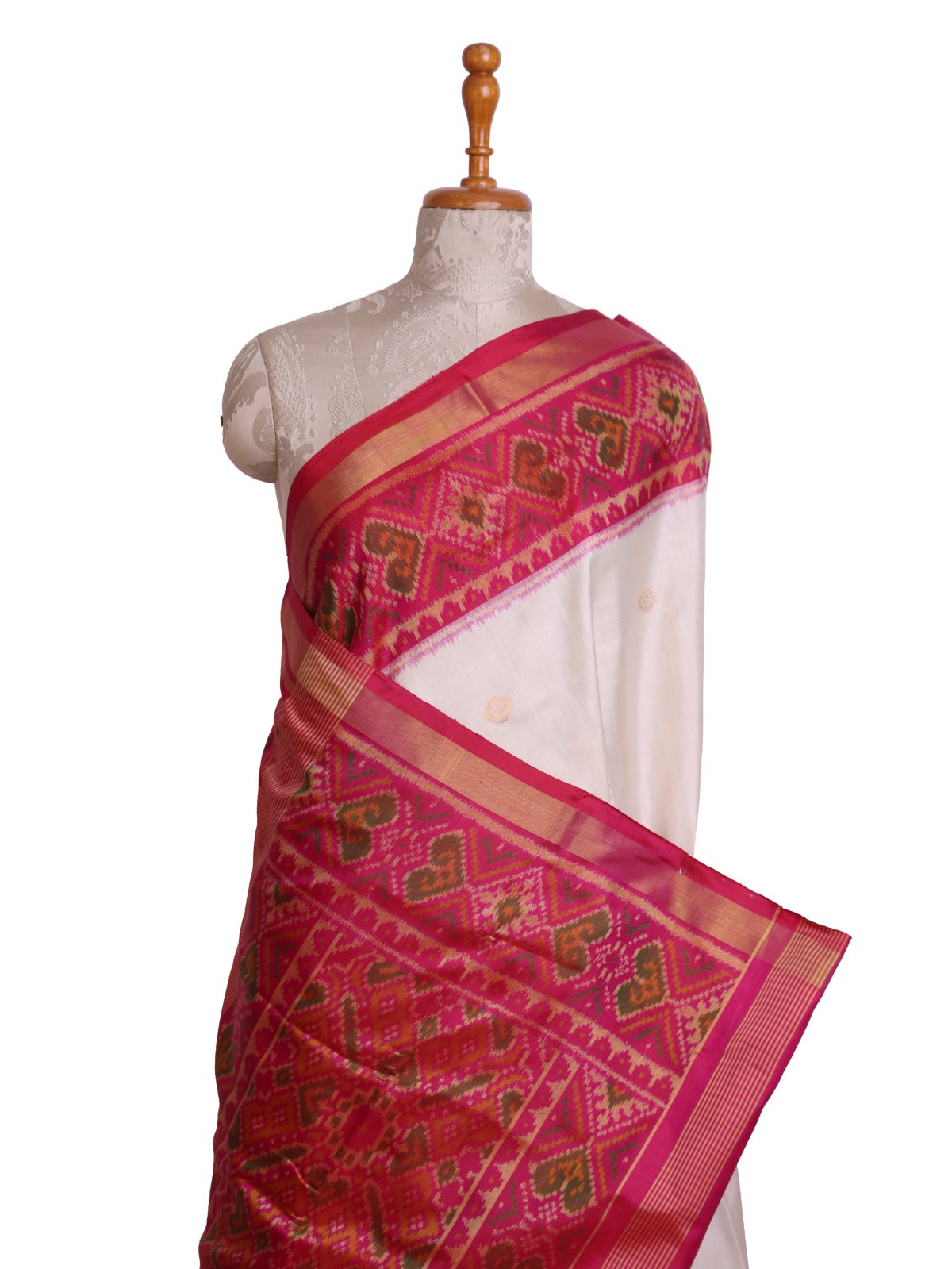 Ivory Patola Silk Saree with Pink Border