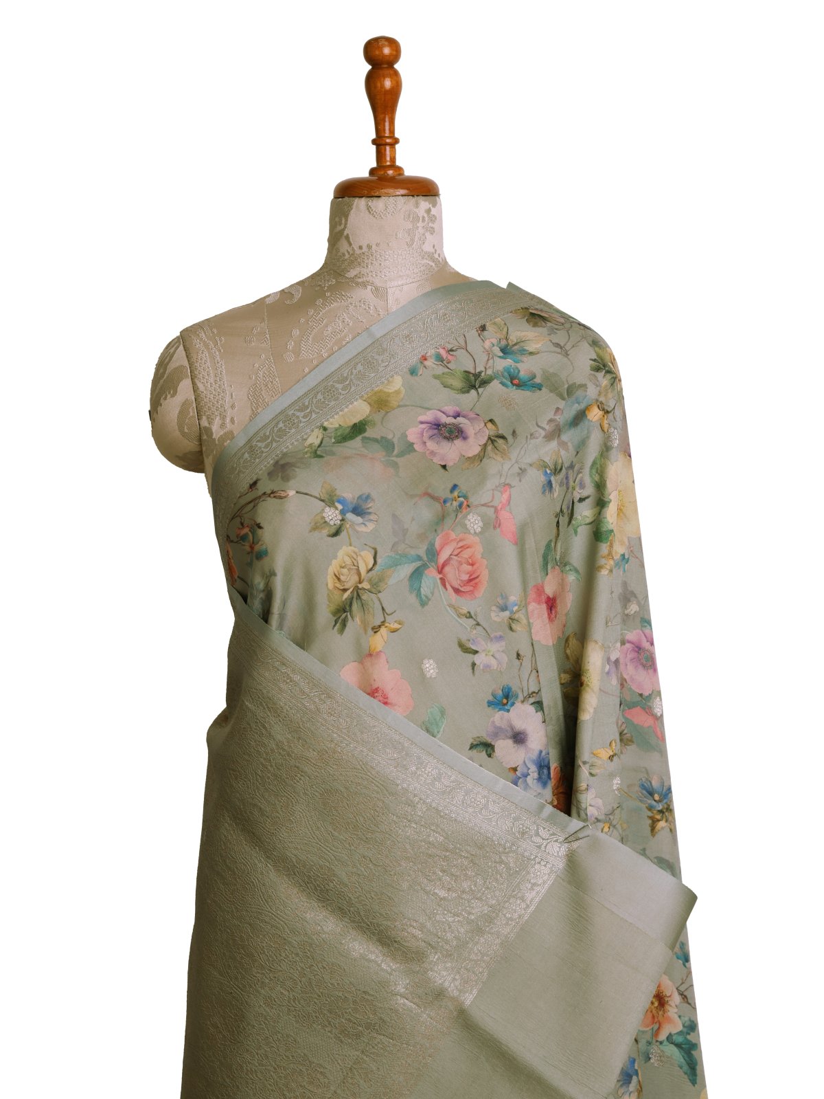 Sage Green Printed Tussar Georgette Silk Saree 