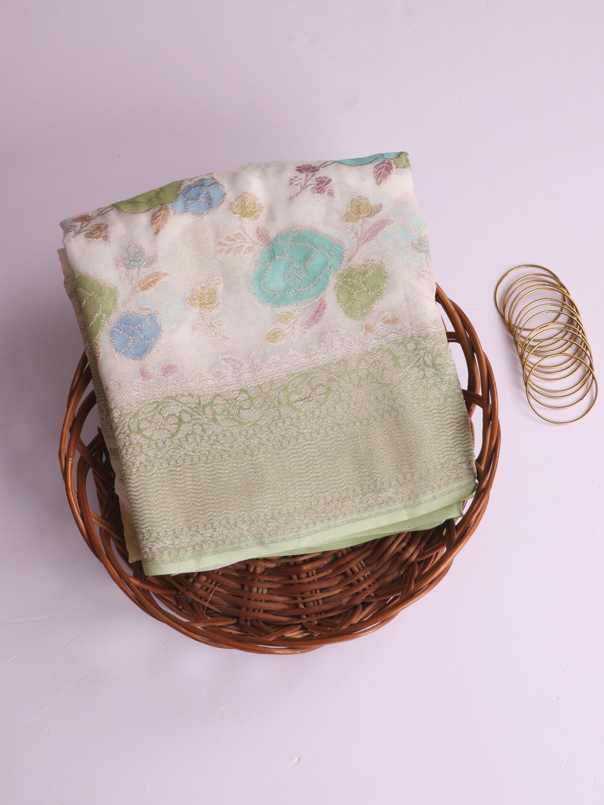 White Printed Banaras Georgette Silk Saree With Pastel Green Border
