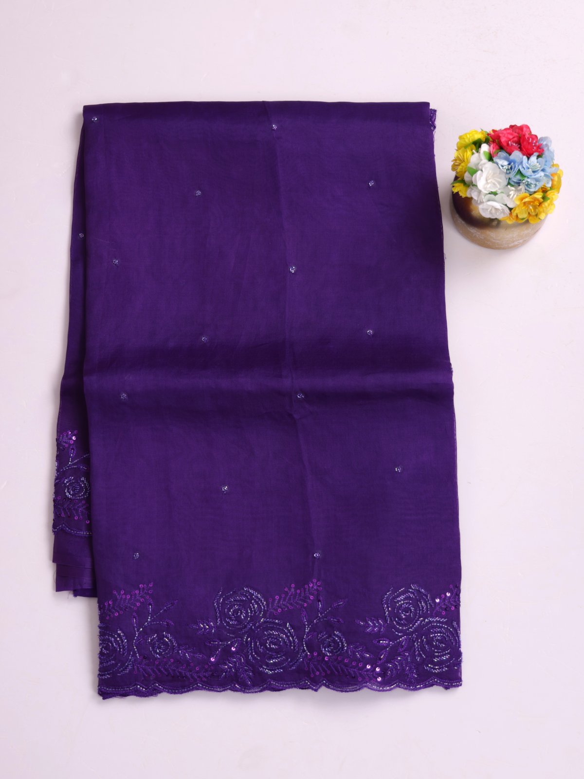 Dark Violet Embroidered Organza Silk Saree With Sequins Work