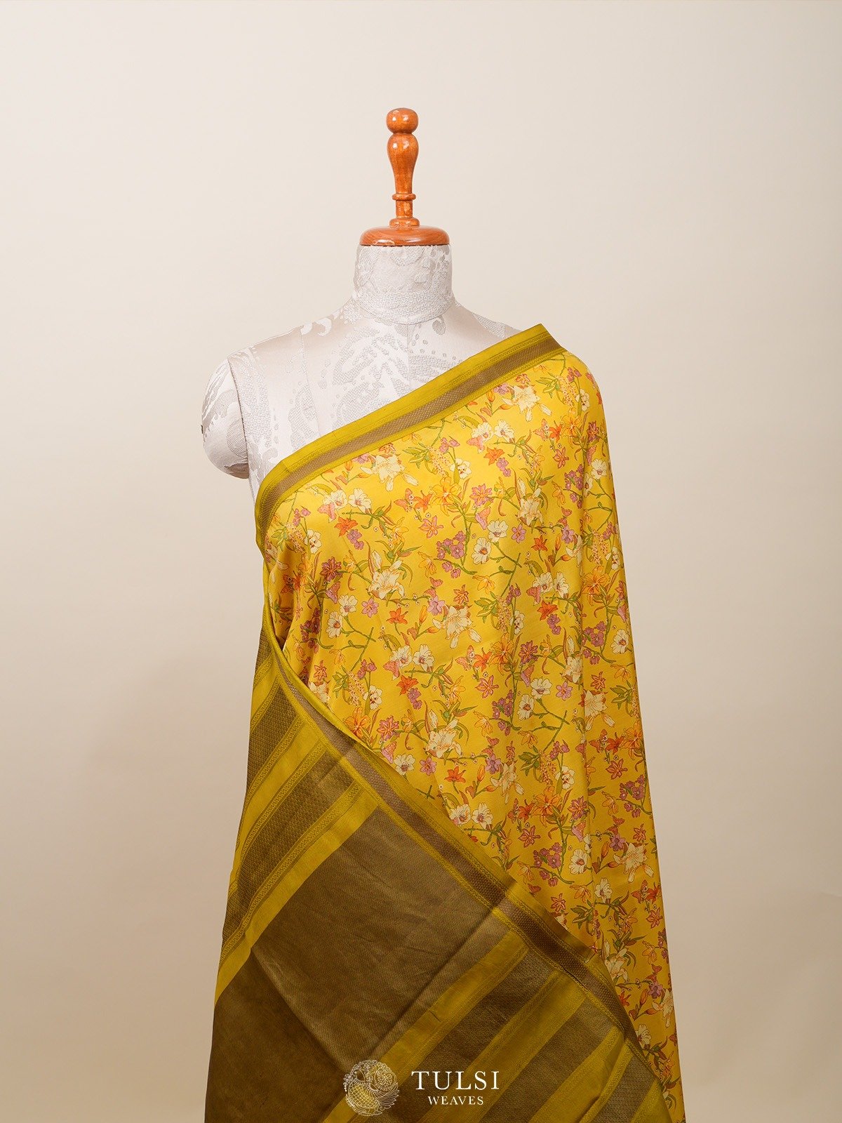 Yellow Printed Kanjveevaram Silk Saree