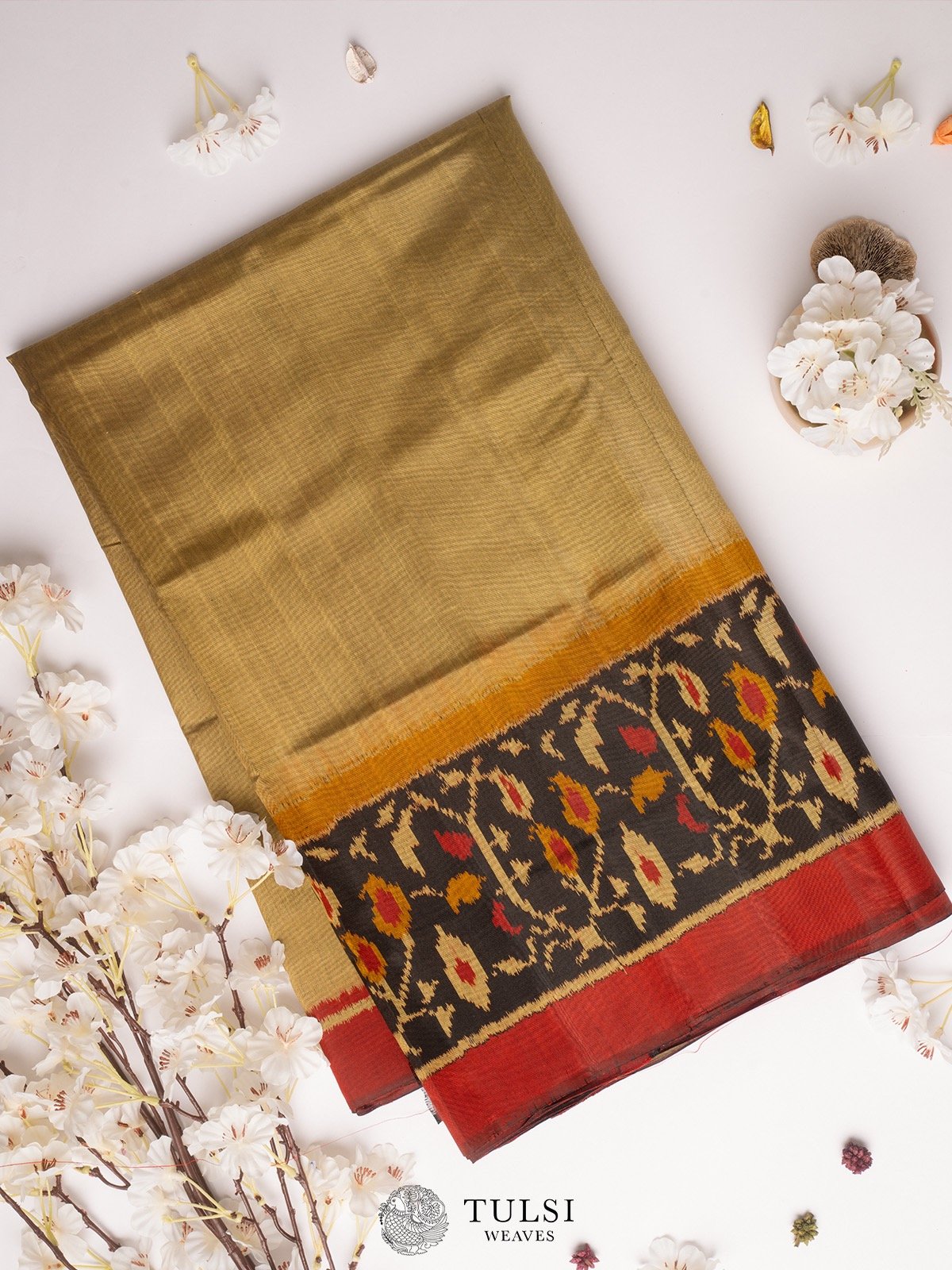 Olive Green Patola Silk Saree with black border