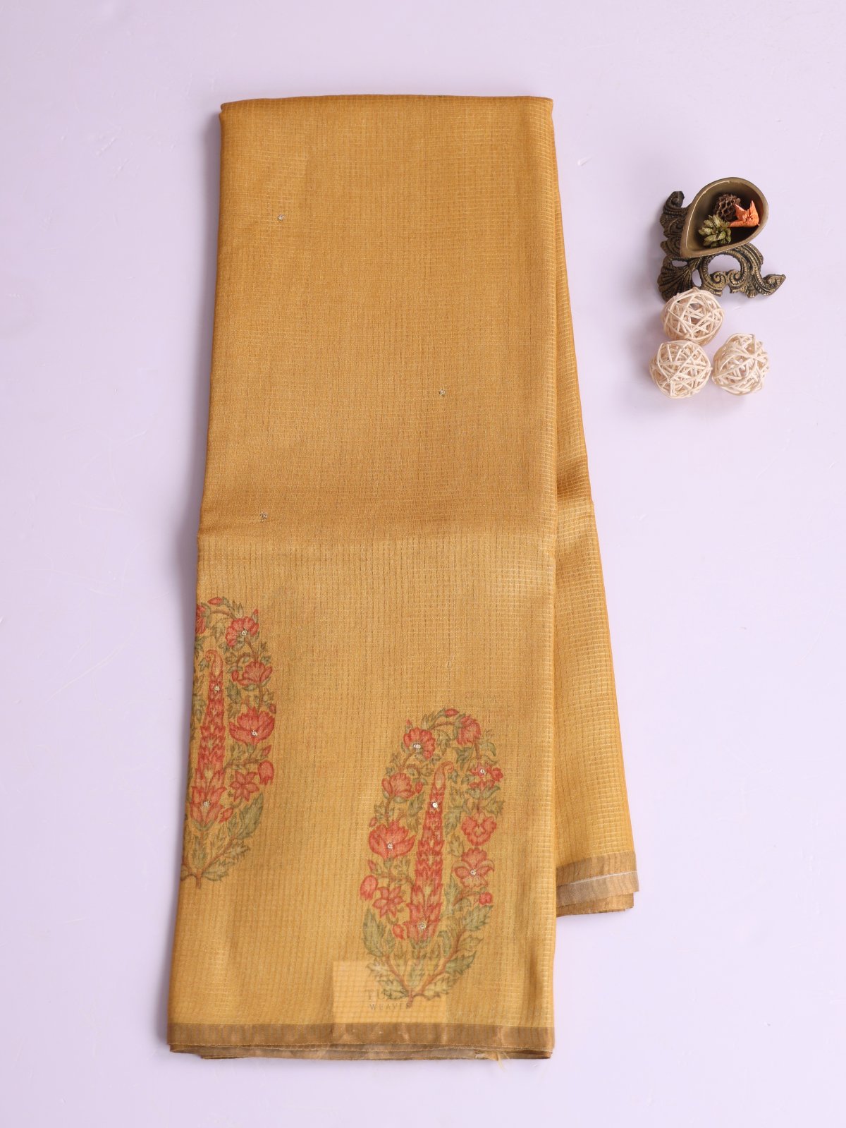 Mustard Yellow Printed Tussar Silk Saree