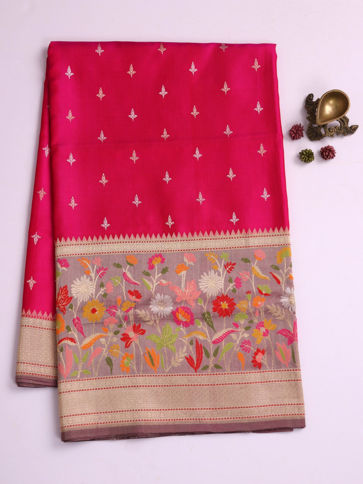 Rani Pink Banaras Silk Saree With Burgundy Zari Border