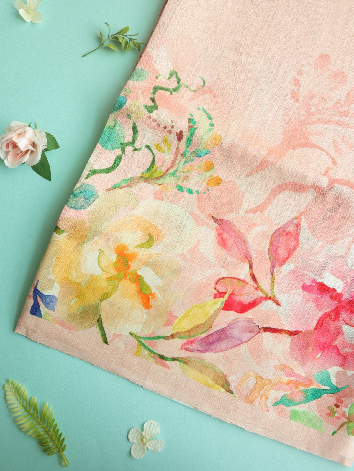 Light Pink Woven Matka Tussar Silk Saree With Floral Prints