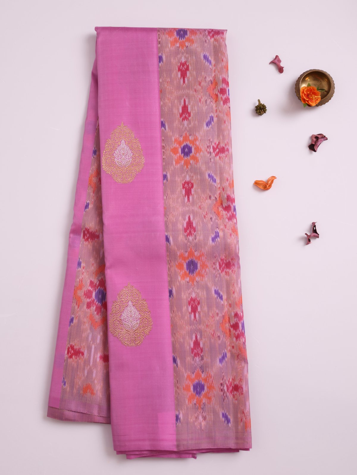 Pink Kanjeevaram Ikat Silk Saree With Zari Butta