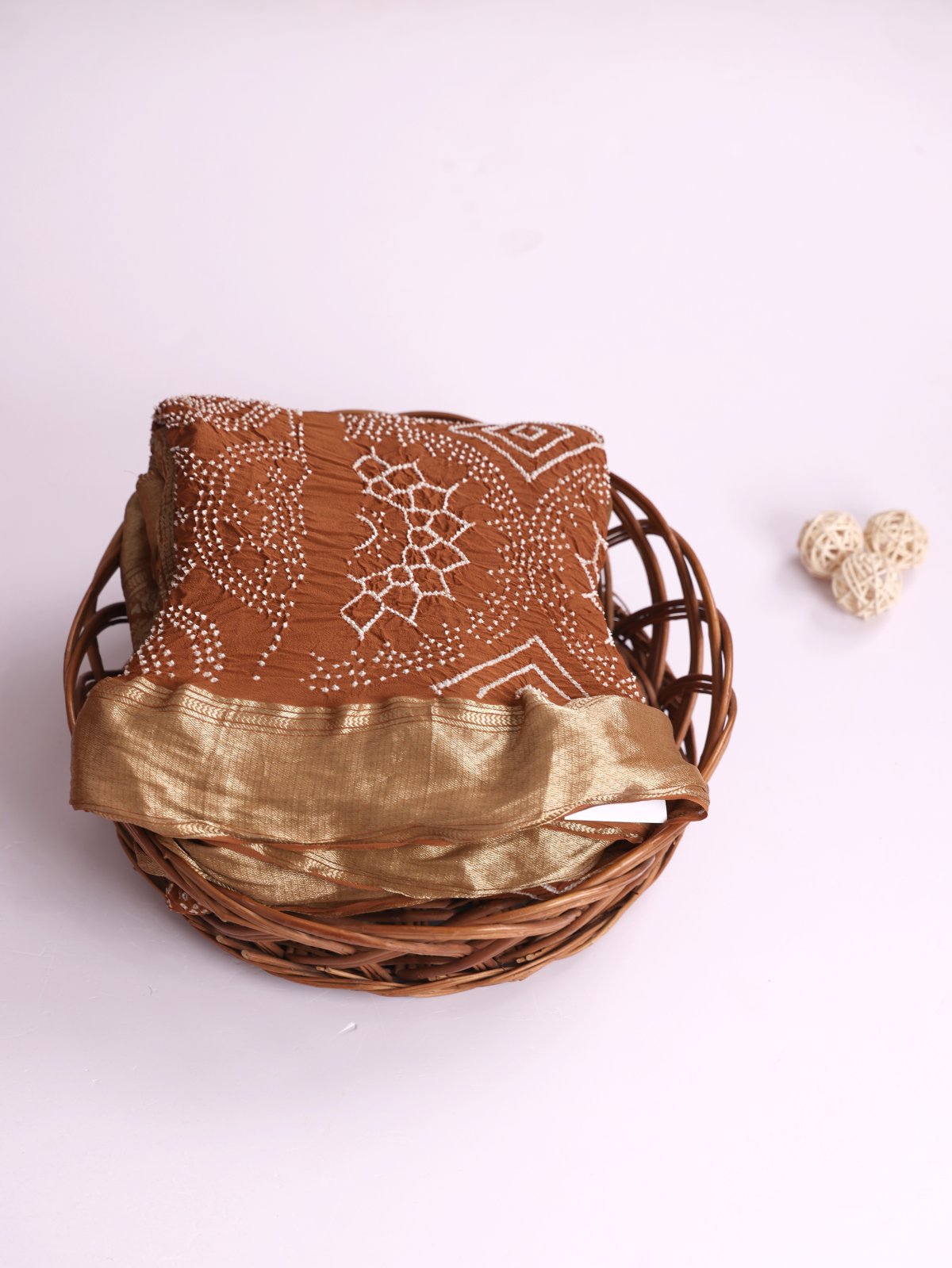 Brown Bandhini Silk Saree With Zari Border