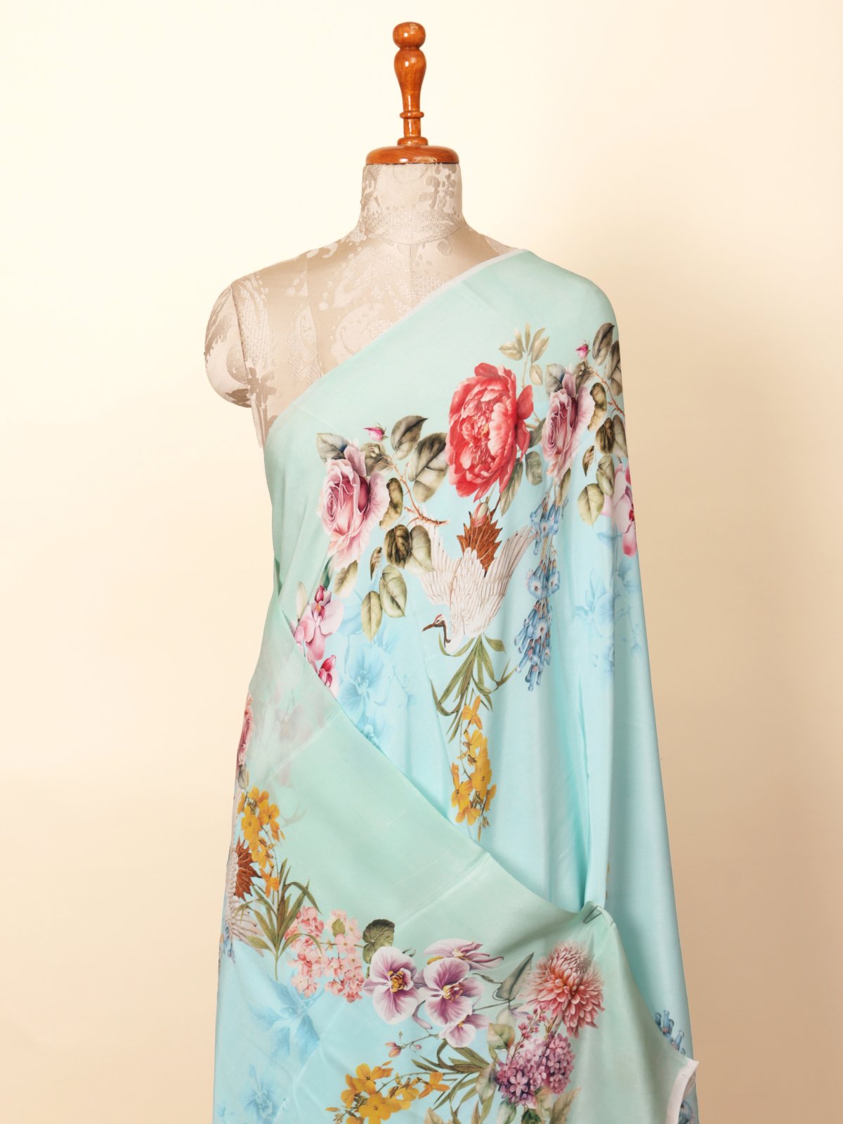 Light Blue Floral Printed Crepe Silk Saree