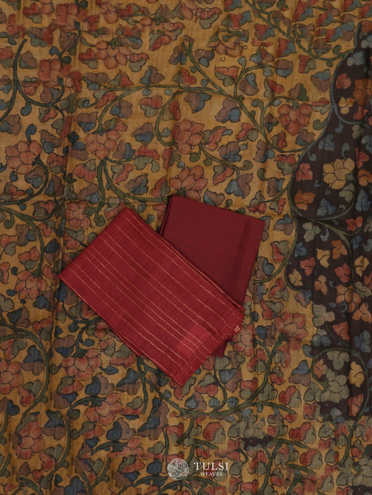 Wine Tussar Salwar Material With Kalamkari Dupatta