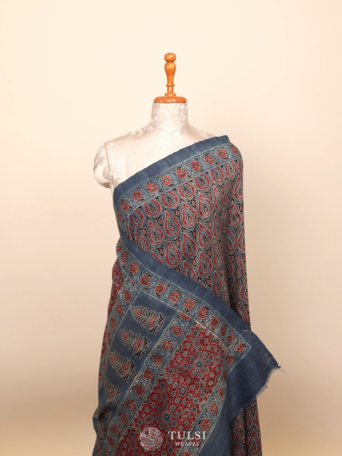 Bluish-Cyan Ajrakh Raw Silk Saree	