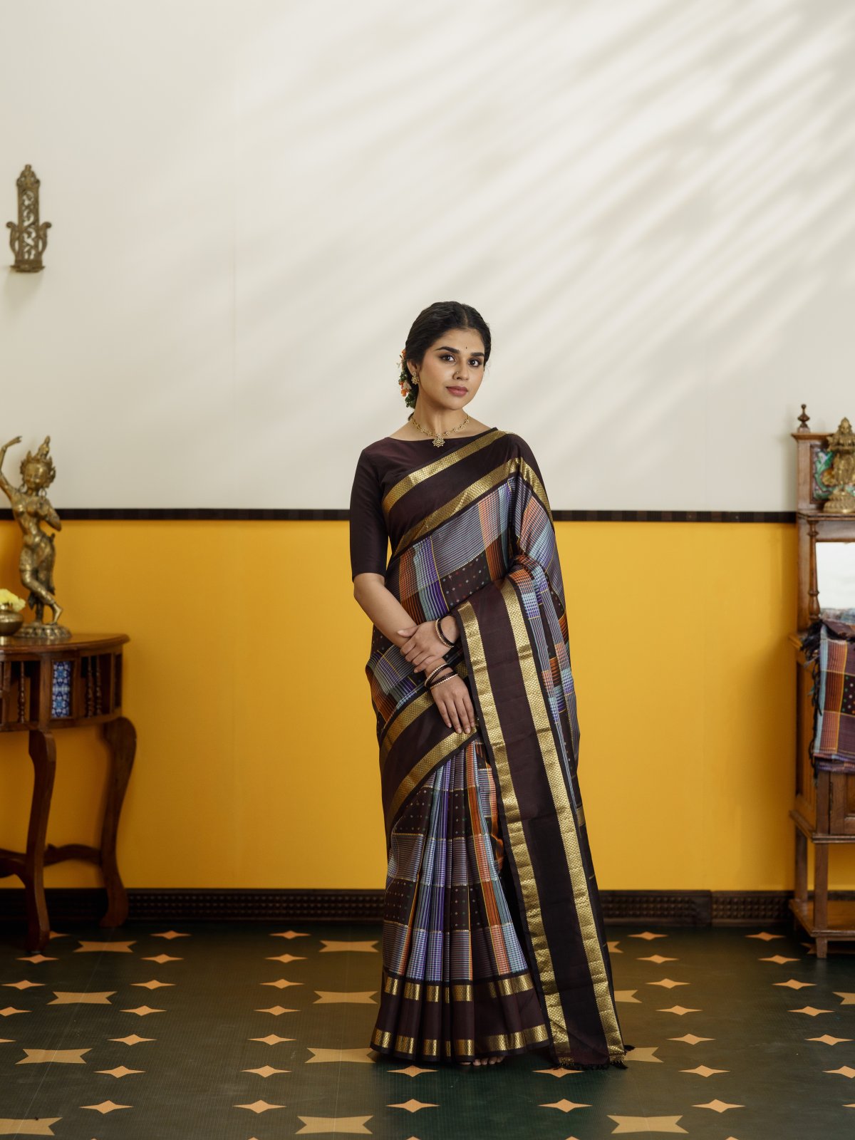 Vintage 77 - Multi Color Checked Kanjeevaram Silk Saree With Dark Brown Border