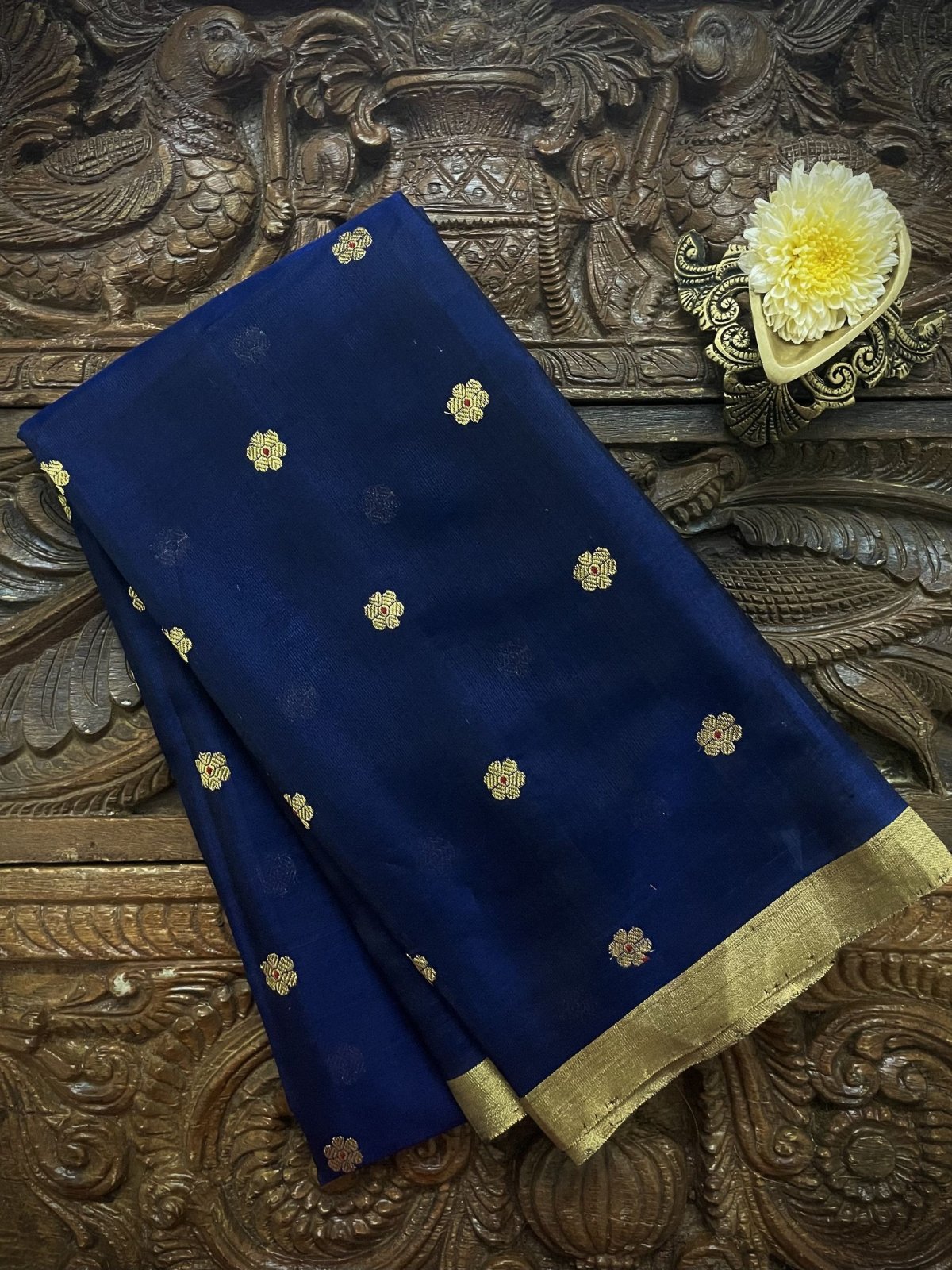 Dark Blue Chanderi Silk Blouse With Gold Zari Floral Motifs