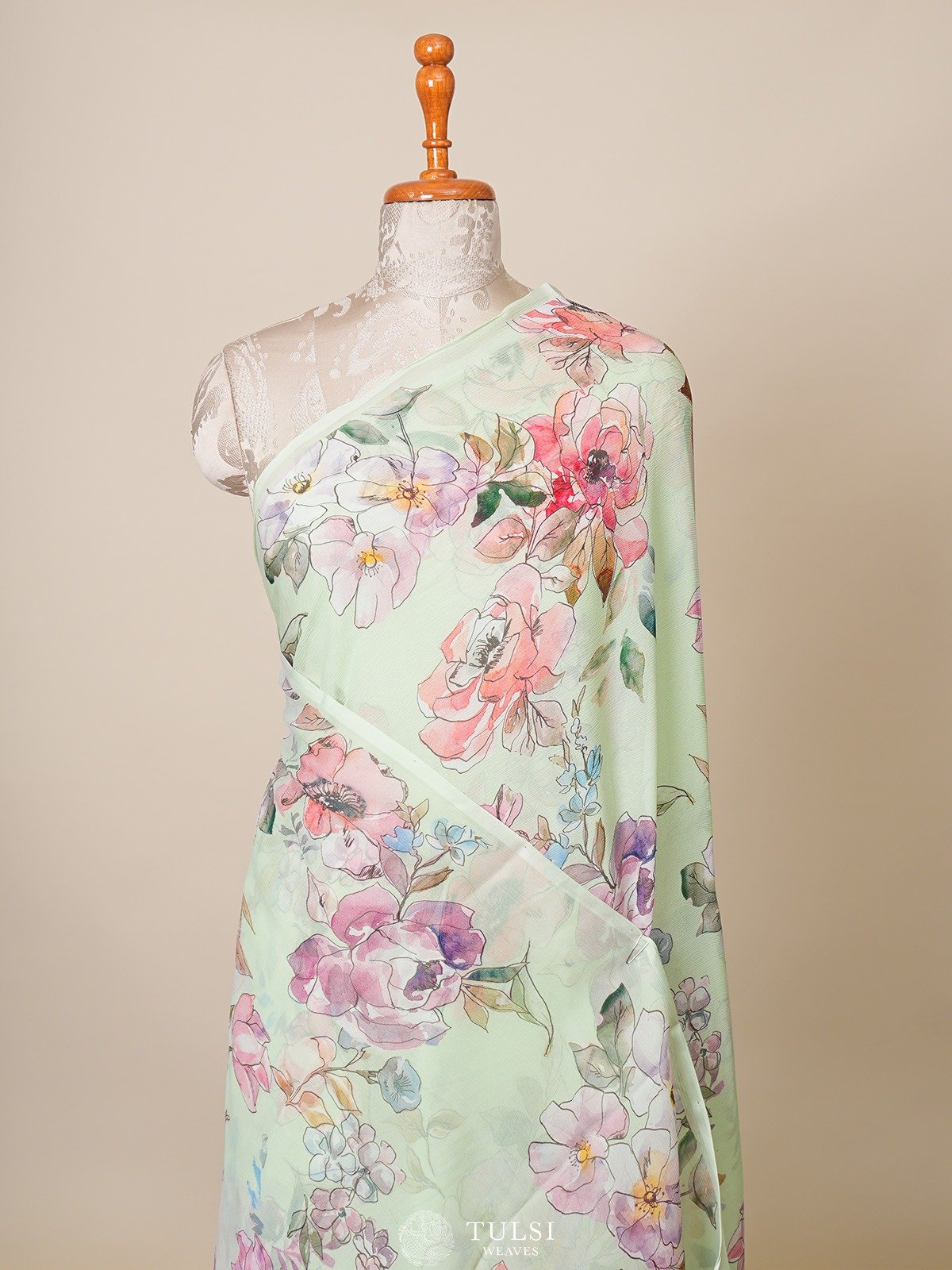 Mint Green Printed Chiffon Saree 