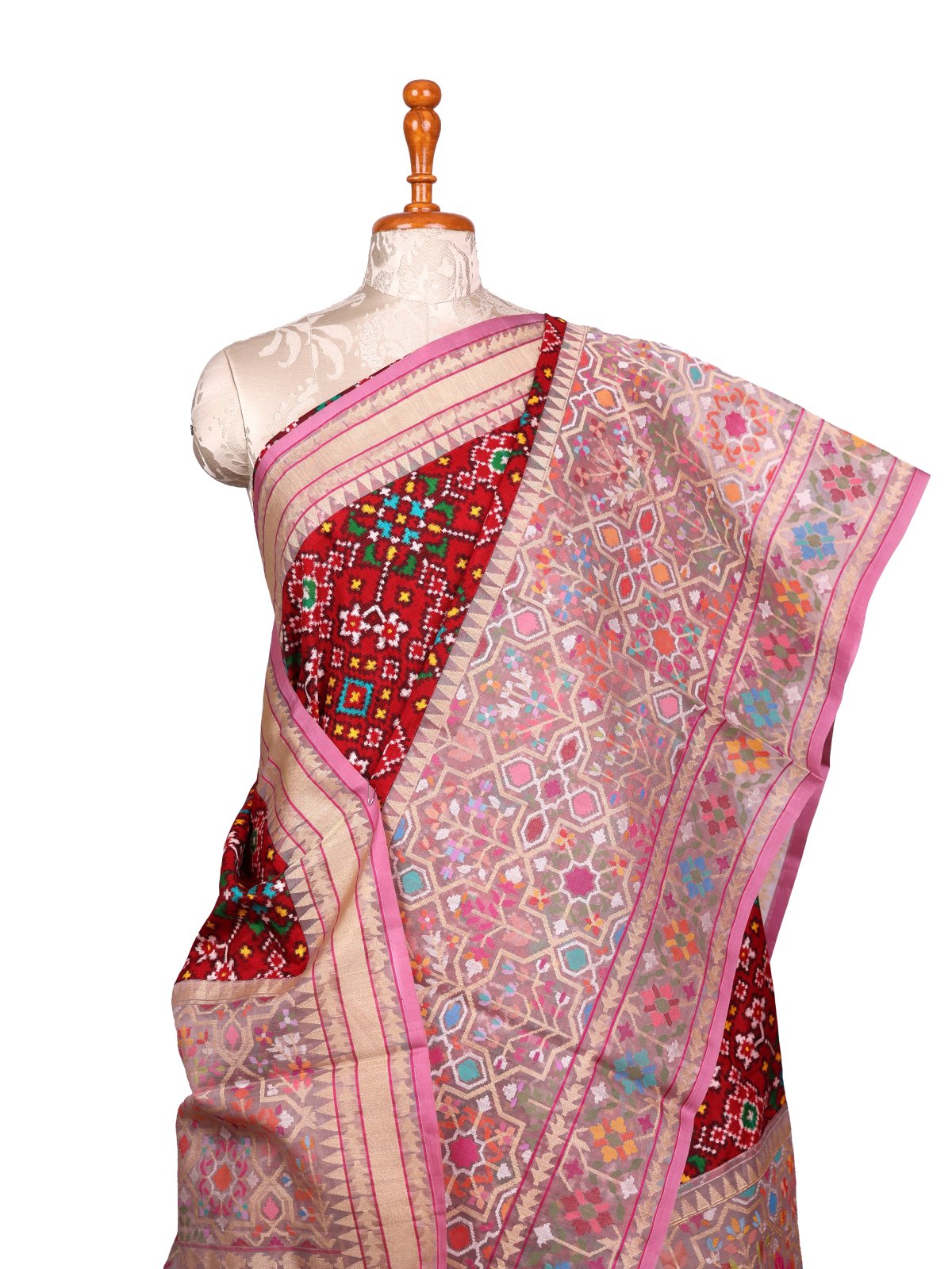 Red Patan Patola Silk Saree With Greige Kora Jamdani Border