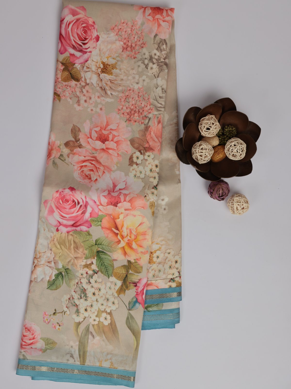 Greige Floral Printed Kanjeevaram Silk Saree