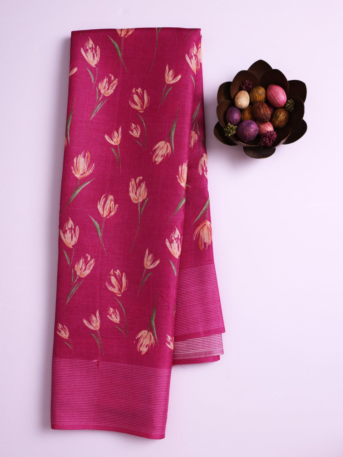 Magenta Pink Printed Tussar Silk Saree